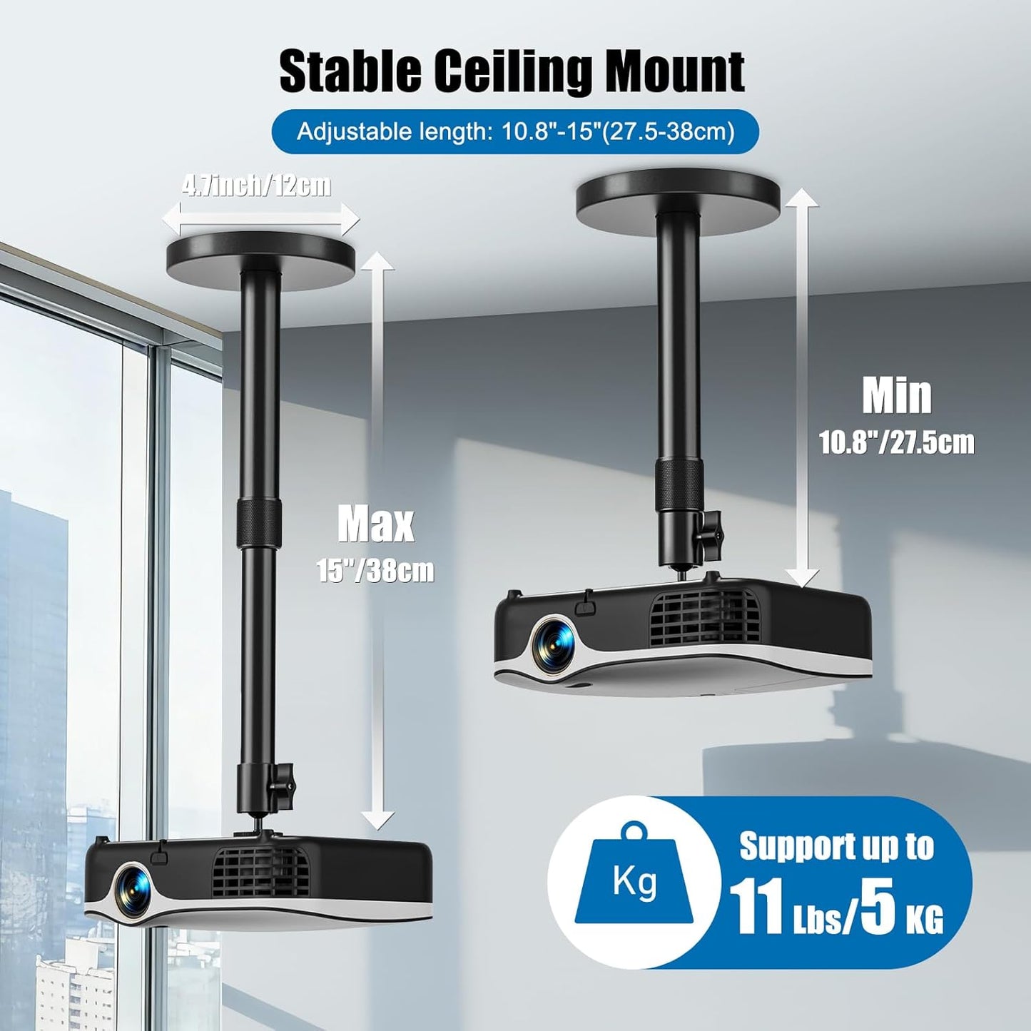 JUBOR 10.8" 15" 1/4" 360 120 Projector Ceiling Mount, - Extendable Length Ceiling Projector Stand with Screw