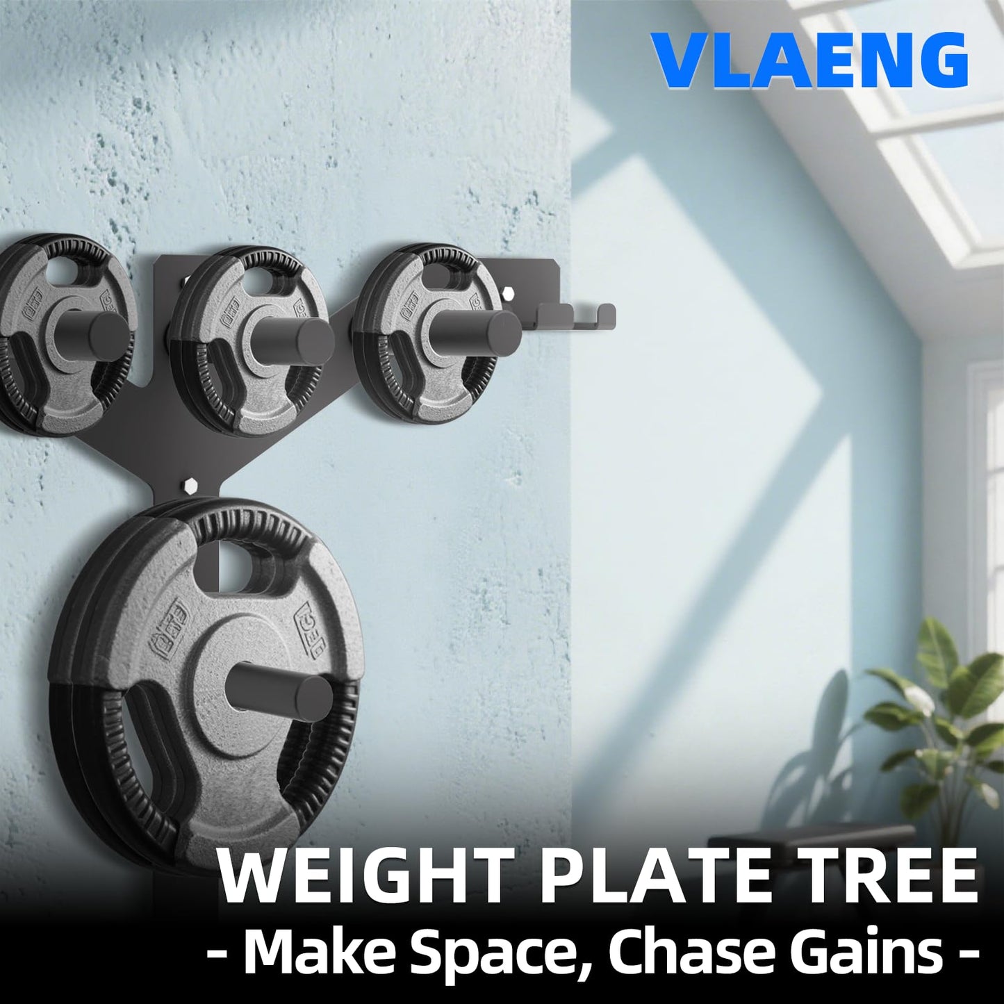 Wall Mounted Weight Plate Rack, 6 Pegs & 4 Barbell Storage Rack, 1190 LBS Capacity Weight Plate Holder, Wall Mounted Bumper Plate Storage for Home Garage Gym, Fit 2" Olympic, Rubber Protection Pads