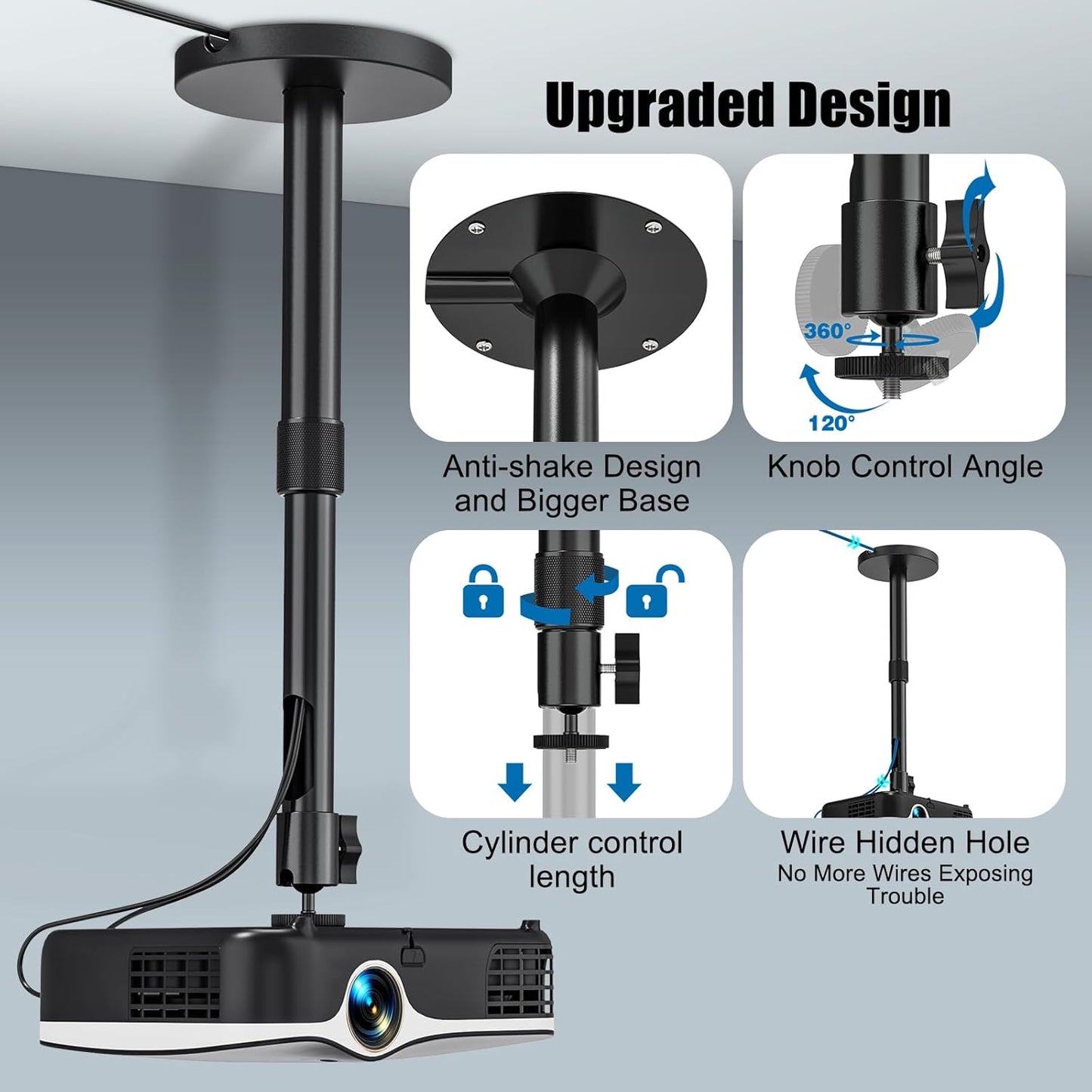 JUBOR 10.8" 15" 1/4" 360 120 Projector Ceiling Mount, - Extendable Length Ceiling Projector Stand with Screw