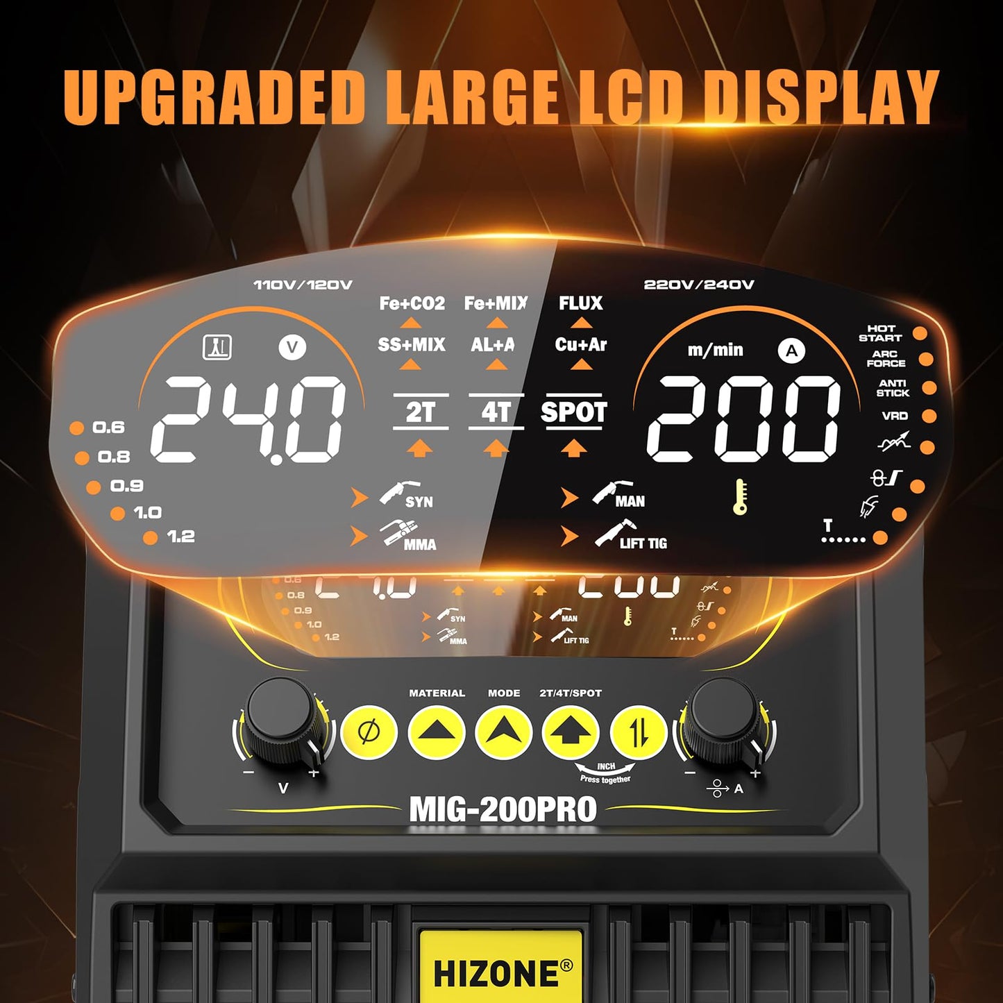 HIZONE MIG-200PRO MIG Welder, 200Amp 110/220V 8 in 1 MIG Welding Machine, Gas MIG/MAG/Flux MIG/Spool Gun/Spot Welding/Lift TIG/Stick Multiprocess Welder, Aluminum & Copper Support