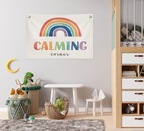 ICEWHITEY Calming Corner Wall Decor for Classroom,Calm Down Corner Supplies,Boho Classroom Rainbow Calming Corner Must Haves Canvas Banner Flags for HomeSchool Library Kindergarten Kids Room,30x20 Inch