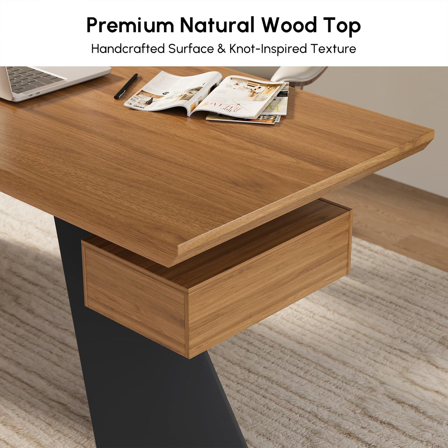 homary 55.1" Rustic Industrial Writing Desk, Home Office Desk with Drawer Natural Wooden Desk Home Office Computer Desk