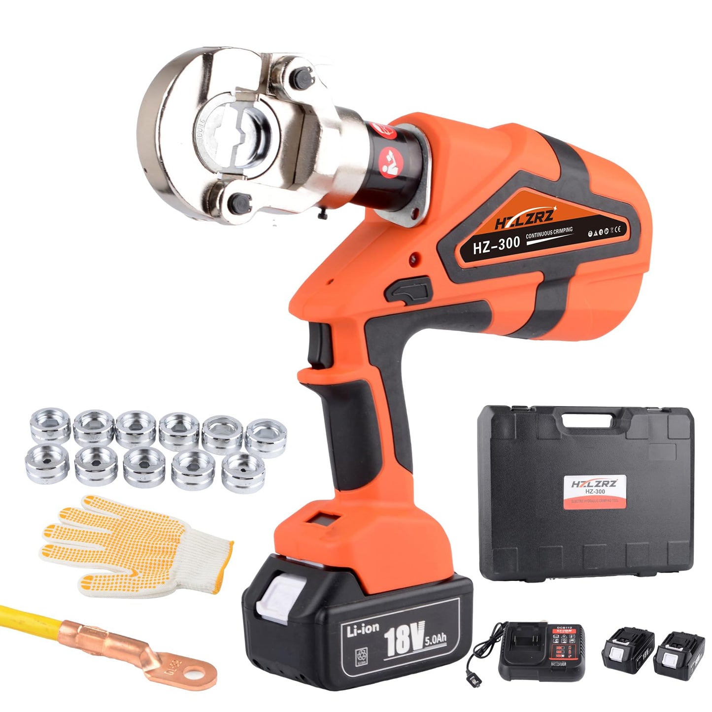 HZLZRZ 12 Ton Electric Hydraulic Crimper with Smart Chip Protection - Professional Battery Cable Lug Crimping Tool for Industrial Use, 8AWG-600MCM Copper Terminals, Rechargeable & Oil-Resistant