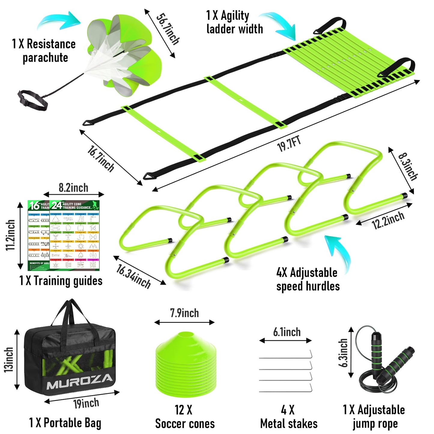 Agility Ladder Speed Training Equipment Set-20ft Agility Ladder,12 Soccer Cones,4 Hurdles, Jump Rope, Running Parachute, Basketball Football Soccer Training Equipment for Kids, Youth, Adults(green)