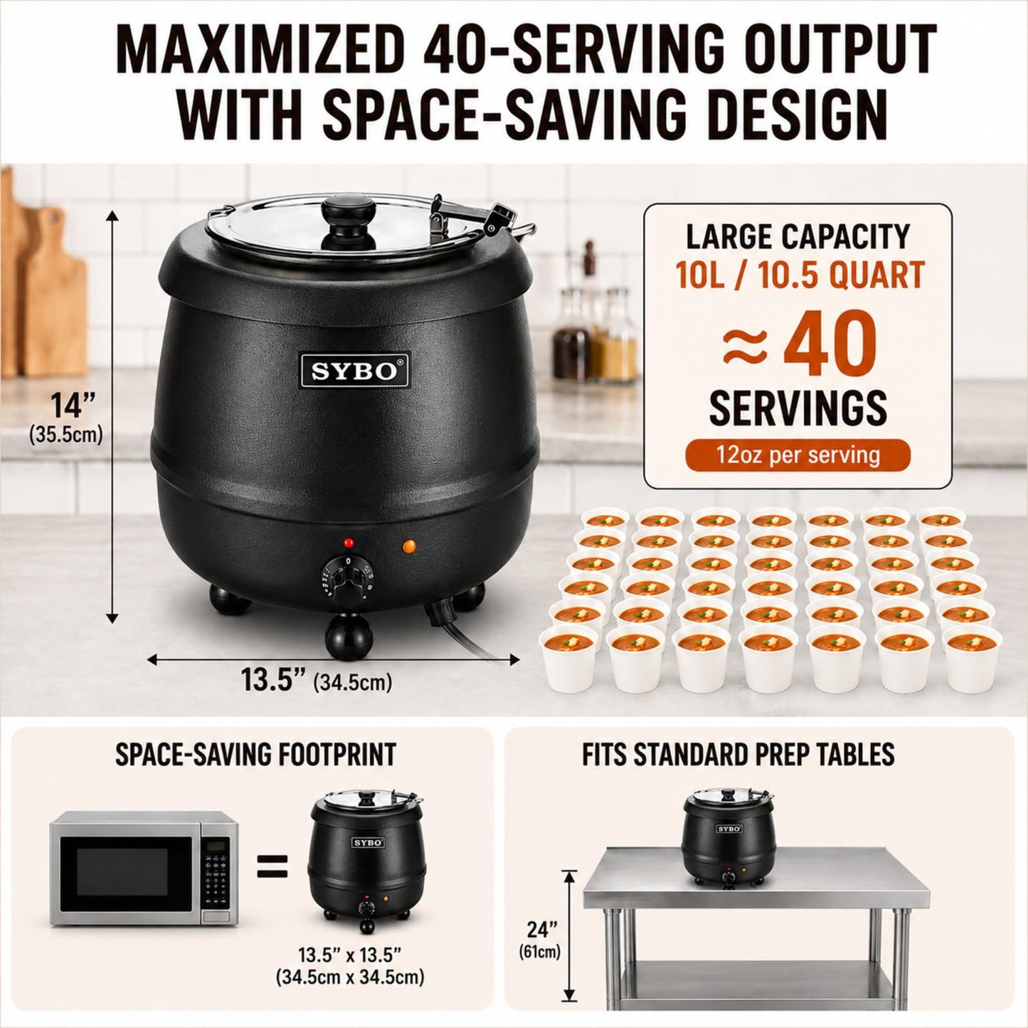 SYBO SB-6000 Commercial Grade Soup Kettle with Hinged Lid and Detachable Stainless Steel Insert Pot for Restaurant and Big Family, 10.5 Quarts, Black