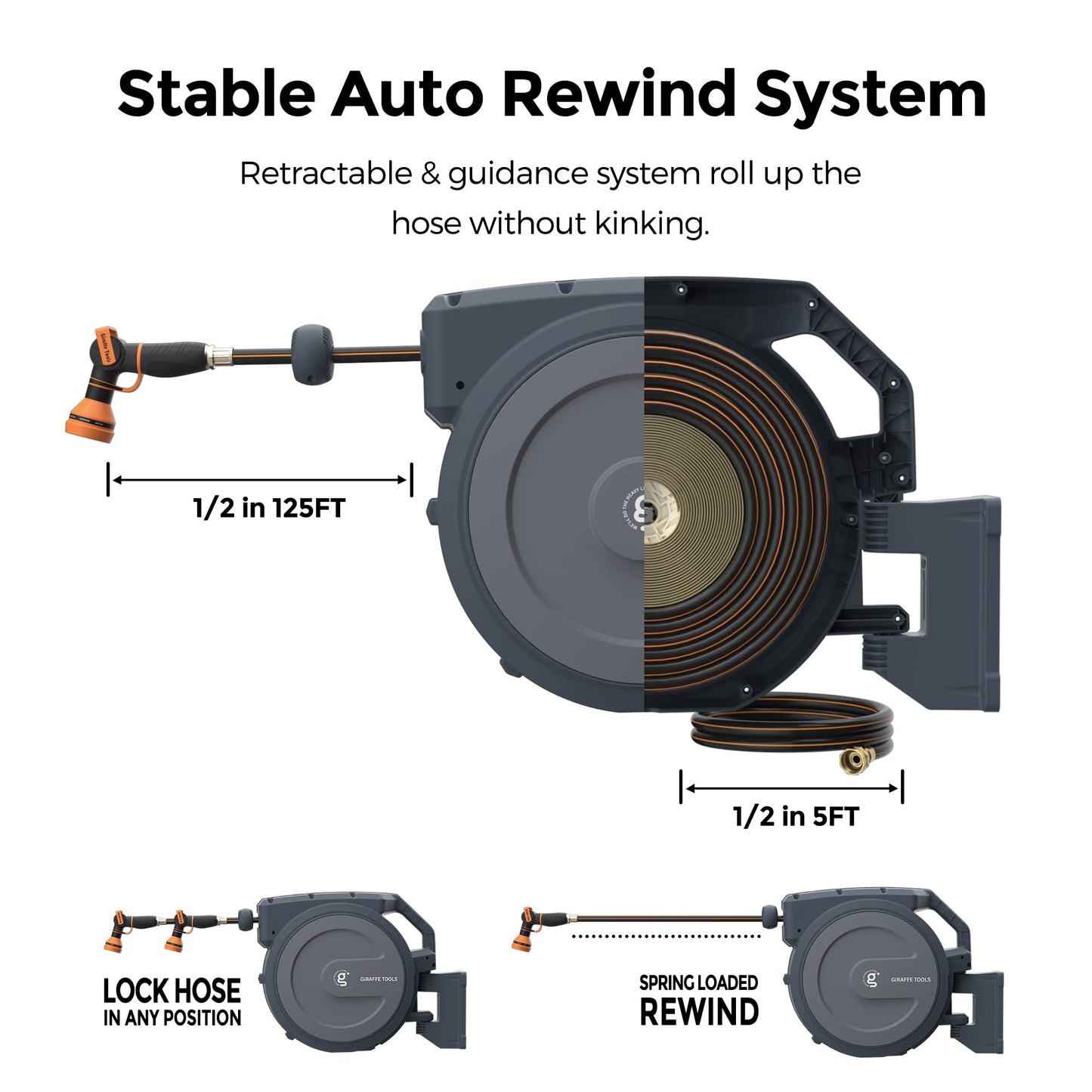 Giraffe Tools Retractable Hose Reel 1/2 in x130 FT PRO Metal Bracket Wall Mounted Heavy Duty Hose Reel with 9 Pattern Nozzle 180 Deg Swivel, Metal Bracket Any Length Lock (1/2 130FT PRO, Dark Grey)