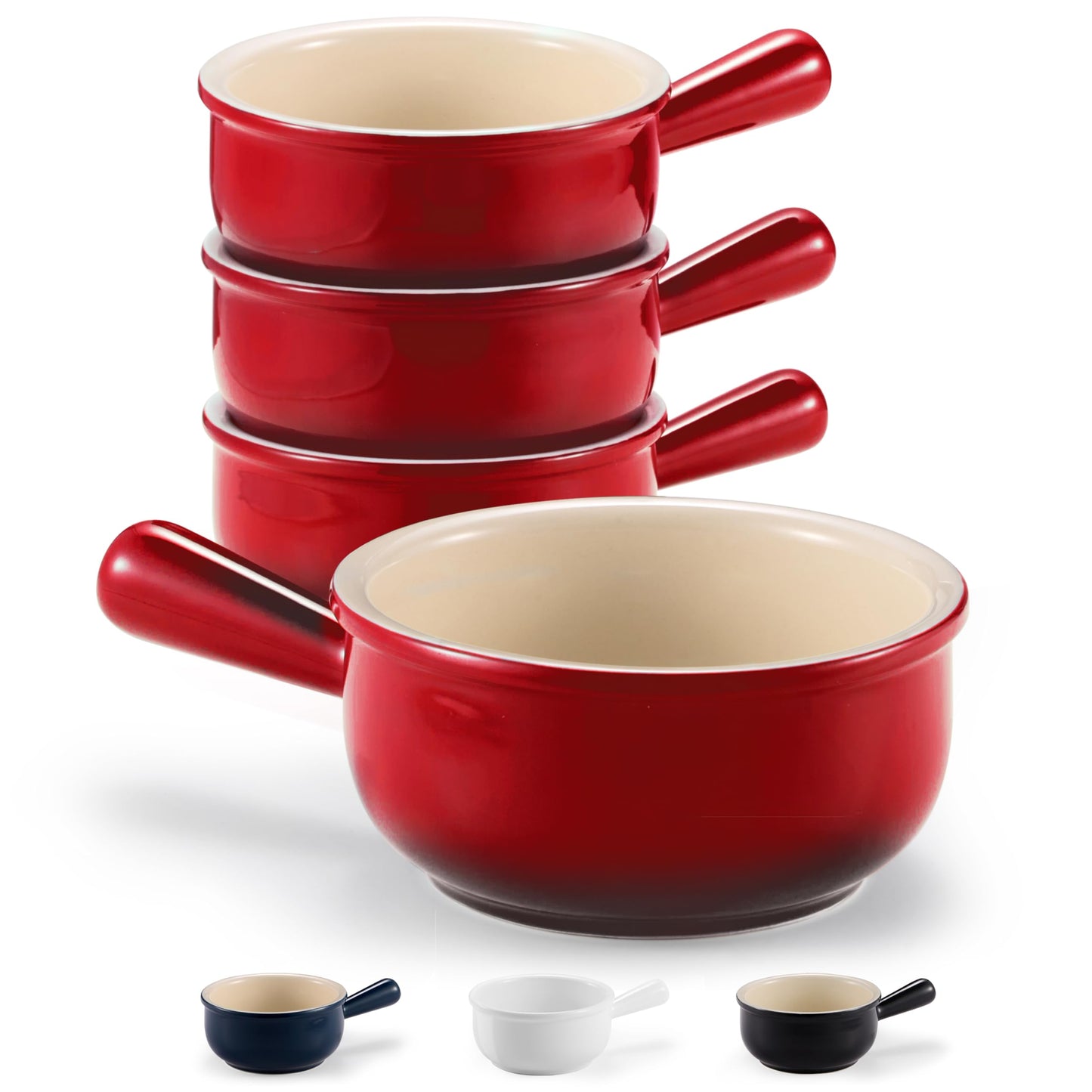 KooK French Onion Soup Bowls, French Onion Crocks, Bowl with Handles, 15 oz, Set of 4, Ceramic Bowls, Microwave, Dishwasher Safe & Oven safe, Stoneware (Red Ombre)