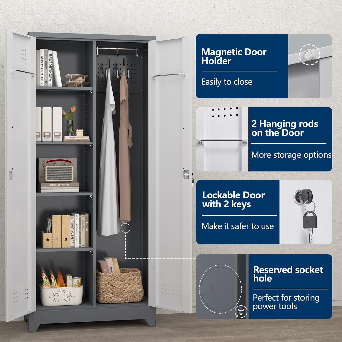 FATIGOS 72.8" H Metal Garage Storage Cabinets with Doors and Shelves, Broom Closet Storage Cabinet, Tool Cabinets with Hanging Rod, Cleaning Storage Cabinets for Garage,Bedroom Office Grey&White