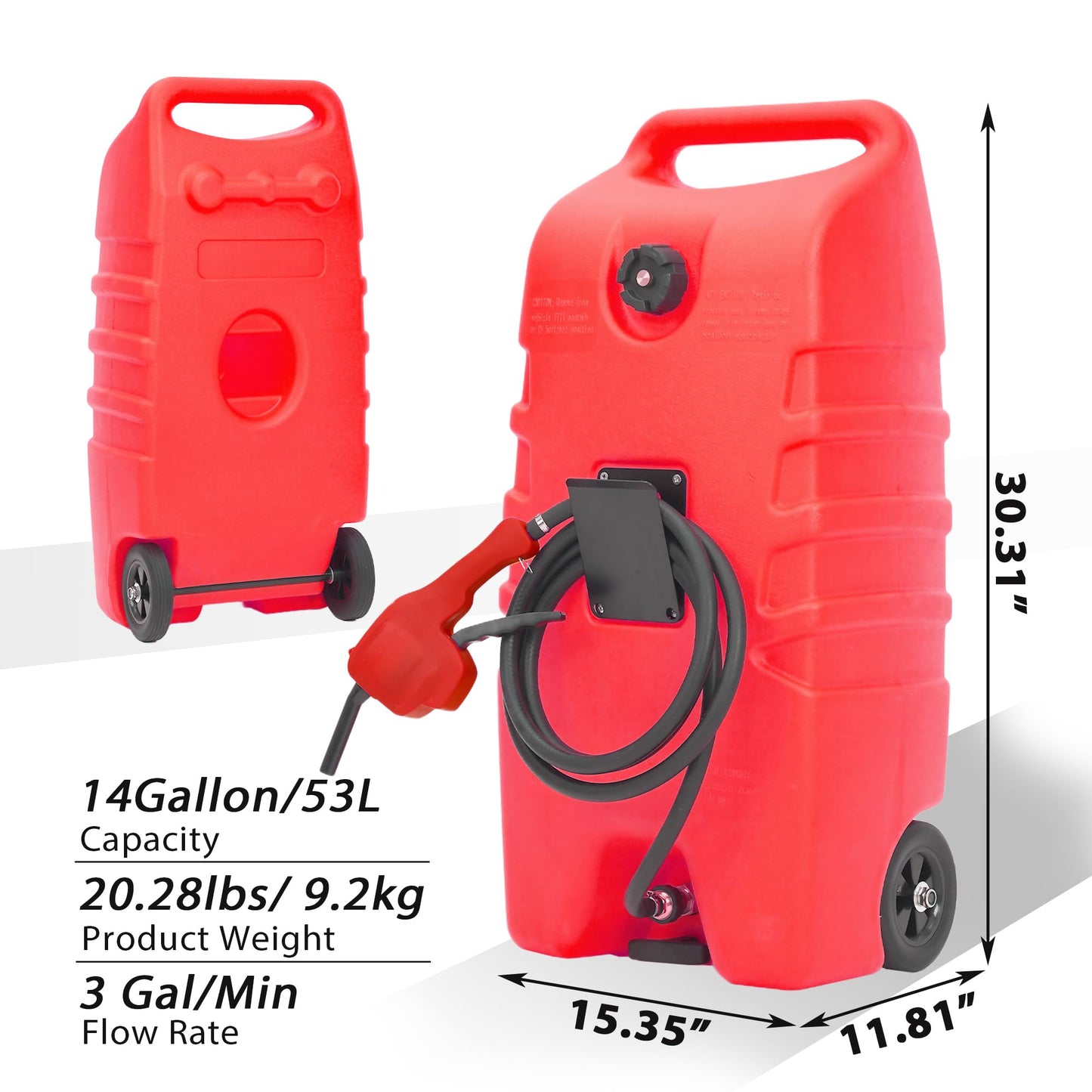 14 Gallon Portable Fuel Caddy with Wheels, Gasoline & Diesel Storage Tank, Heavy-Duty Fuel Transfer Tank with 10FT Rubber Hose, Manual Siphon Pump, Dual Shut-Off Valves, Gas Can for Cars, ATV, Boat, Lawn Equipment