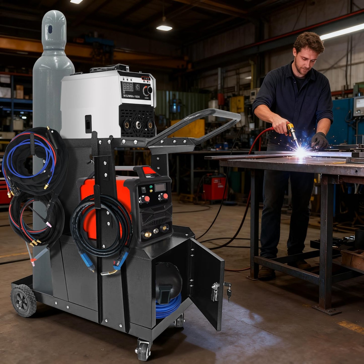 Welding Cart with Large Cabinet,Heavy Duty Rolling Welder Carts with 360 Swivel Wheels and Hooks for MIG MMA TIG Welding Machine and Plasma Cutter Tank