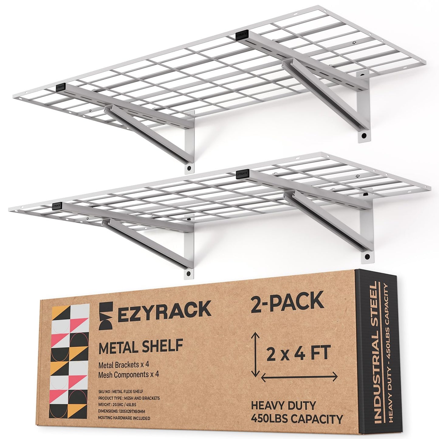 EZYRACK Heavy Duty Metal Wall Shelf, Modular Garage Storage Rack, 450 Lbs Capacity, Fits 16" or 24" Studs, Wall Mounted Floating Shelving Kit for Drywall, Wood & Concrete (Includes Hardware)