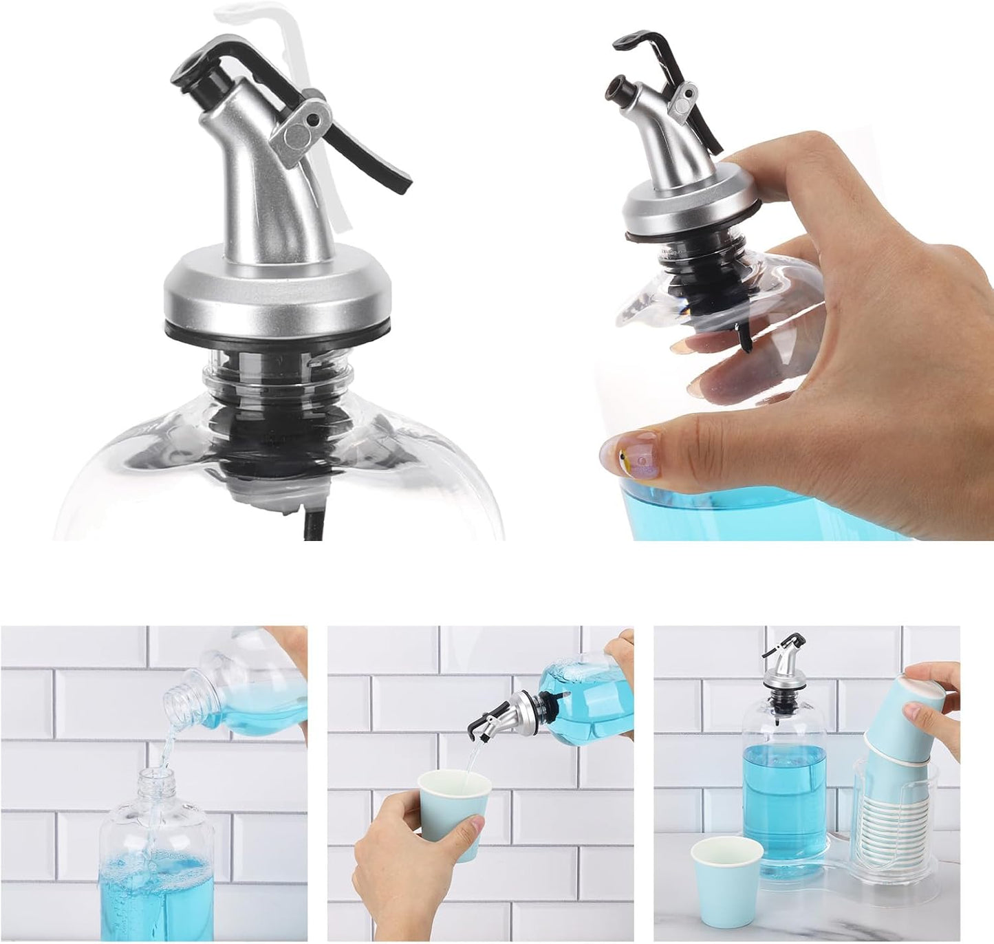 Tbestmax Mouthwash Dispenser - Clear Refillable Pump Bottle with Cup Holder & Tray | 16oz Bathroom Organizer
