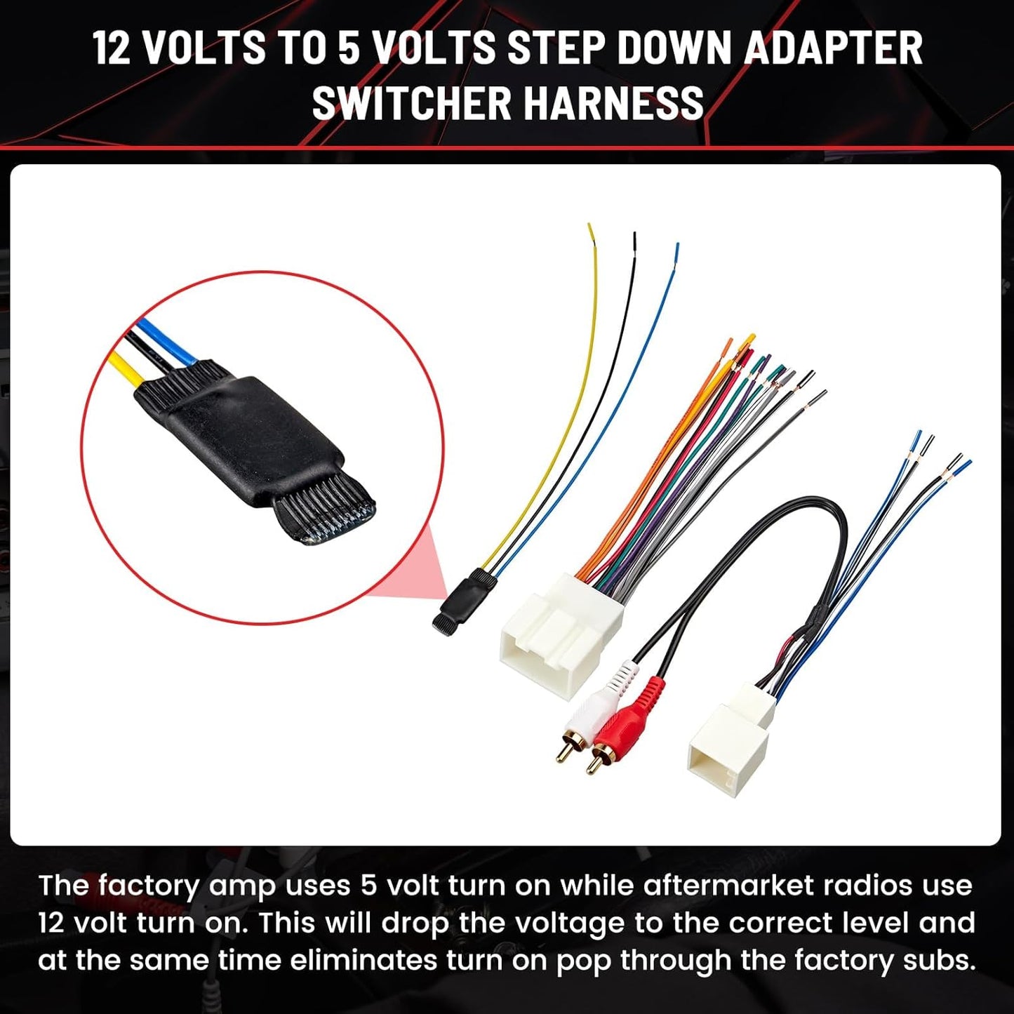 12V 5V 2000-2004 1999-2003 RED WOLF Radio Wiring Harness RCA Plug with to Step Down Converter Kit for Ford Mustang