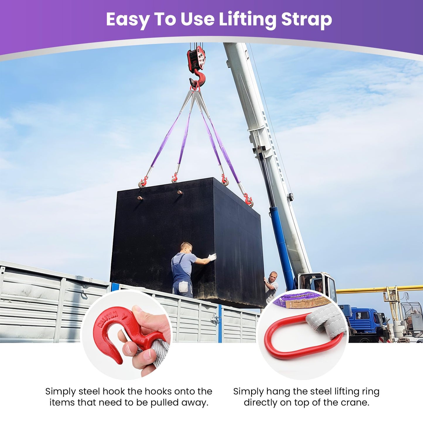 Lifting Slings Straps with Hooks - 3.3 FT, 4409LB Pounds Capacity, Polyester Bridle Sling, Heavy Duty Two Leg Rigging Strap for Engines, Cranes, Hoists, Truck, Purple