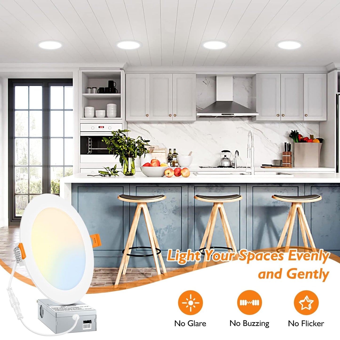BesLowe 24 Packs 6 Inch 5CCT LED Recessed Ceiling Lights Ultra-Thin with Junction Box, 12W 150W Eqv, 3000K/3500K/4000K/5000K/6500K, 1200LM Dimmable Canless Downlights for Kitchen Hallway Dining Room