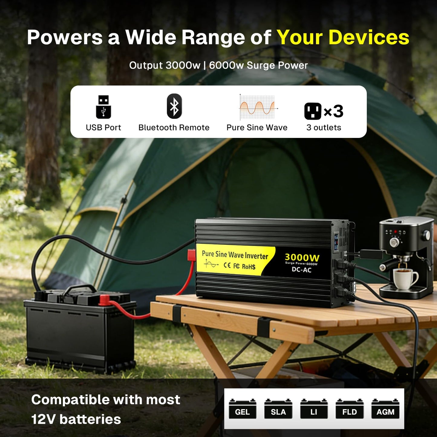 VOONKE 3000W Pure Sine Wave Inverter 12V DC to 120V AC,for Solar,for RV, Truck, Home, Camping,Power Inverter with Bluetooth APP Remote Control,LCD Display, 3 AC Outlets,USB Ports, Surge Power 6000W
