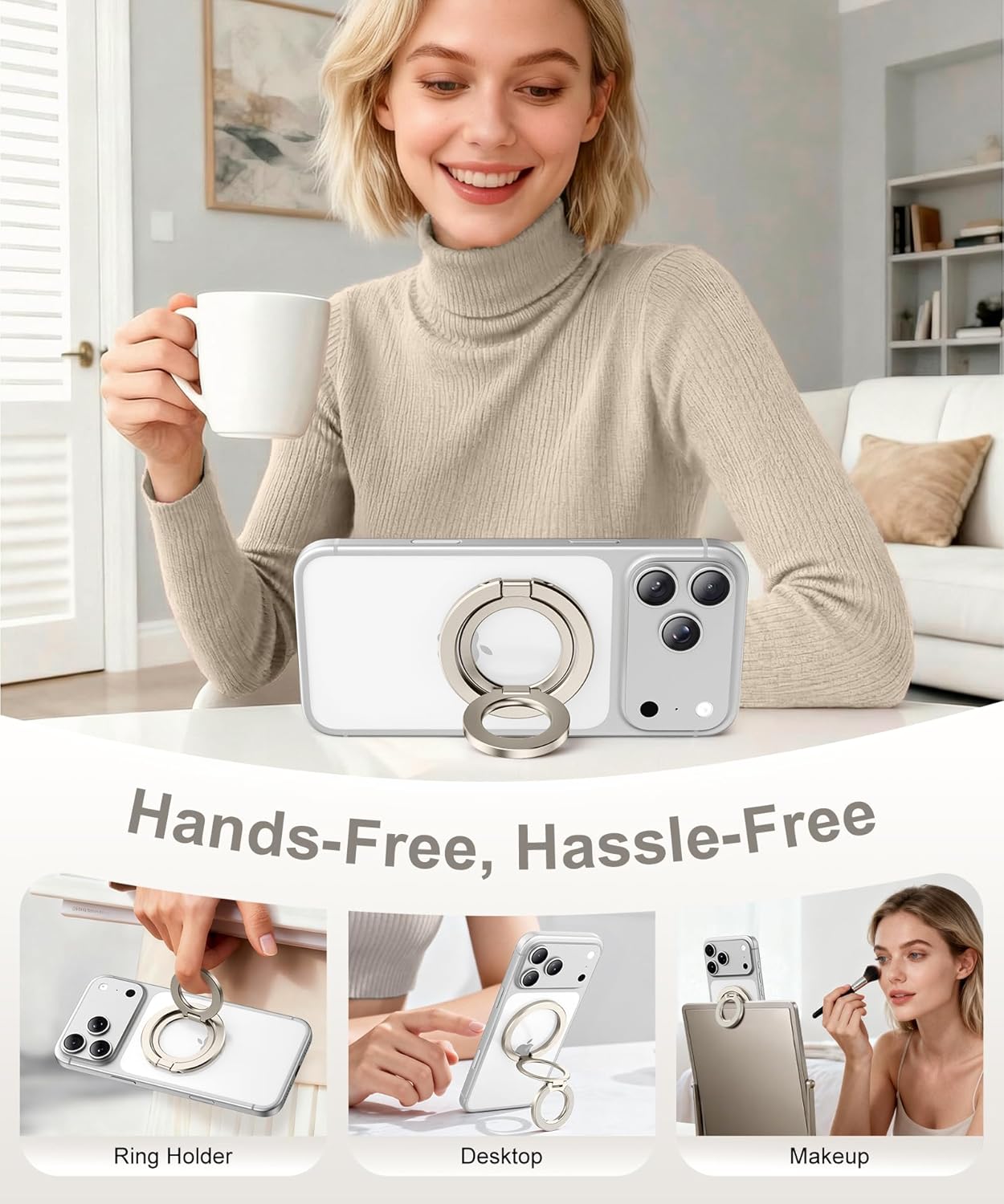 CAPRARO 360 17/16/15/14/14 Magnetic Phone Ring Holder for MagSafe, Dual-Side Magnetics, Rotation Gym Phone Stand Grip