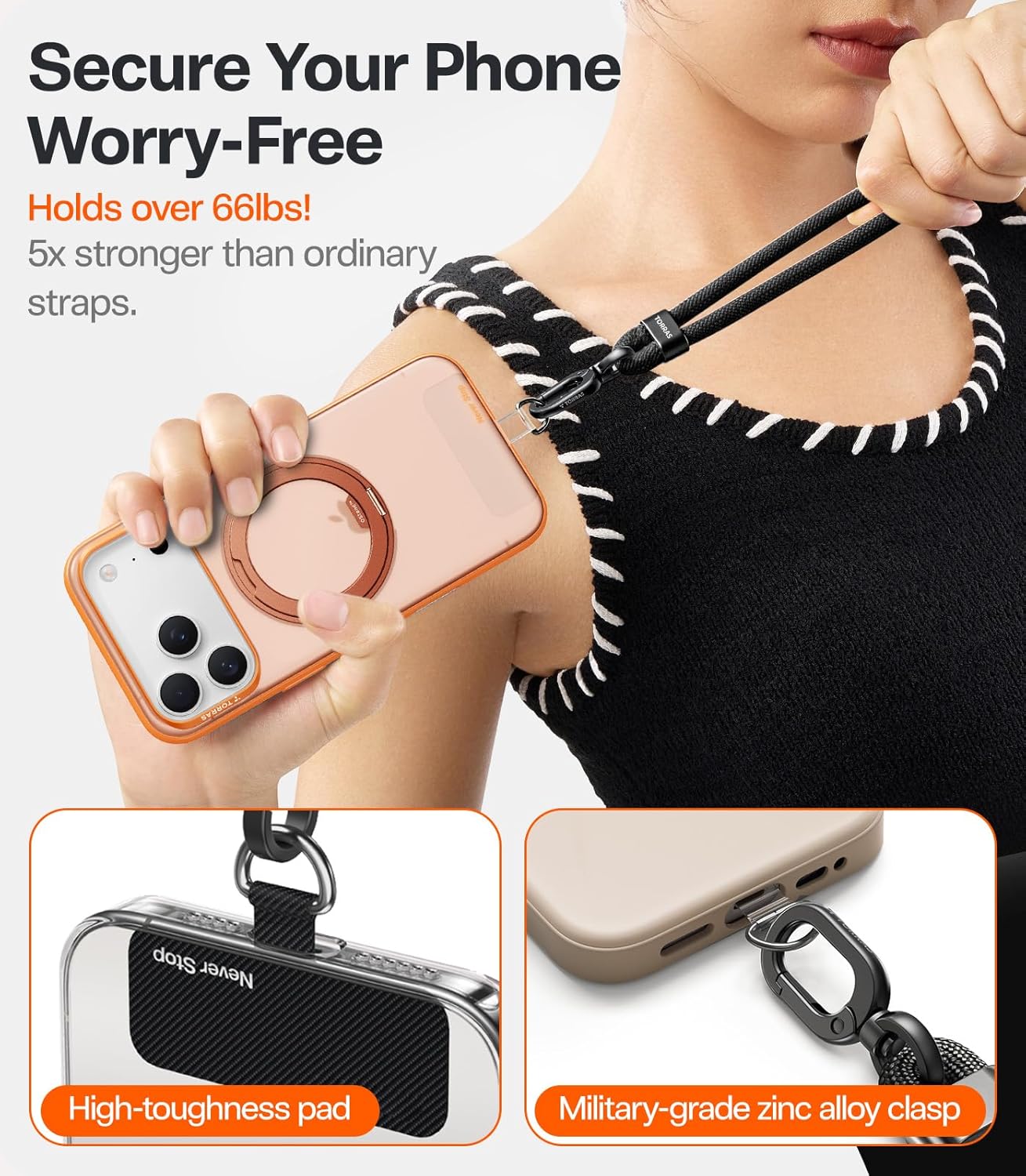 2 TORRAS Phone Lanyard Crossbody with Phone Tabs, Adjustable Anti Theft Phone Strap for All Phones, Premium Metal