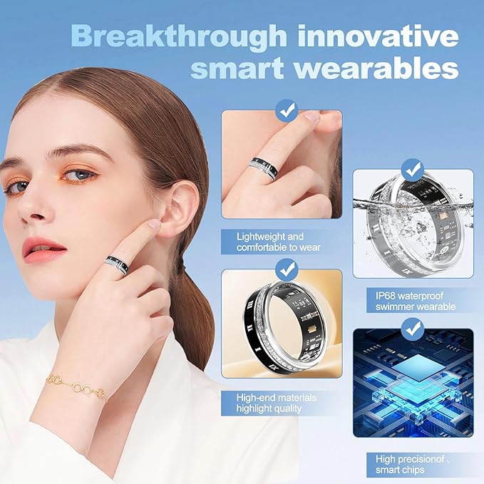 Diamond-encrusted Smart Health Ring for Men and Women - Fitness Tracker with Heart Rate, Blood Oxygen, Blood Pressure, Step Counting, Sleep Monitoring, IP68 Waterproof for iPhone and Android, Black 8#
