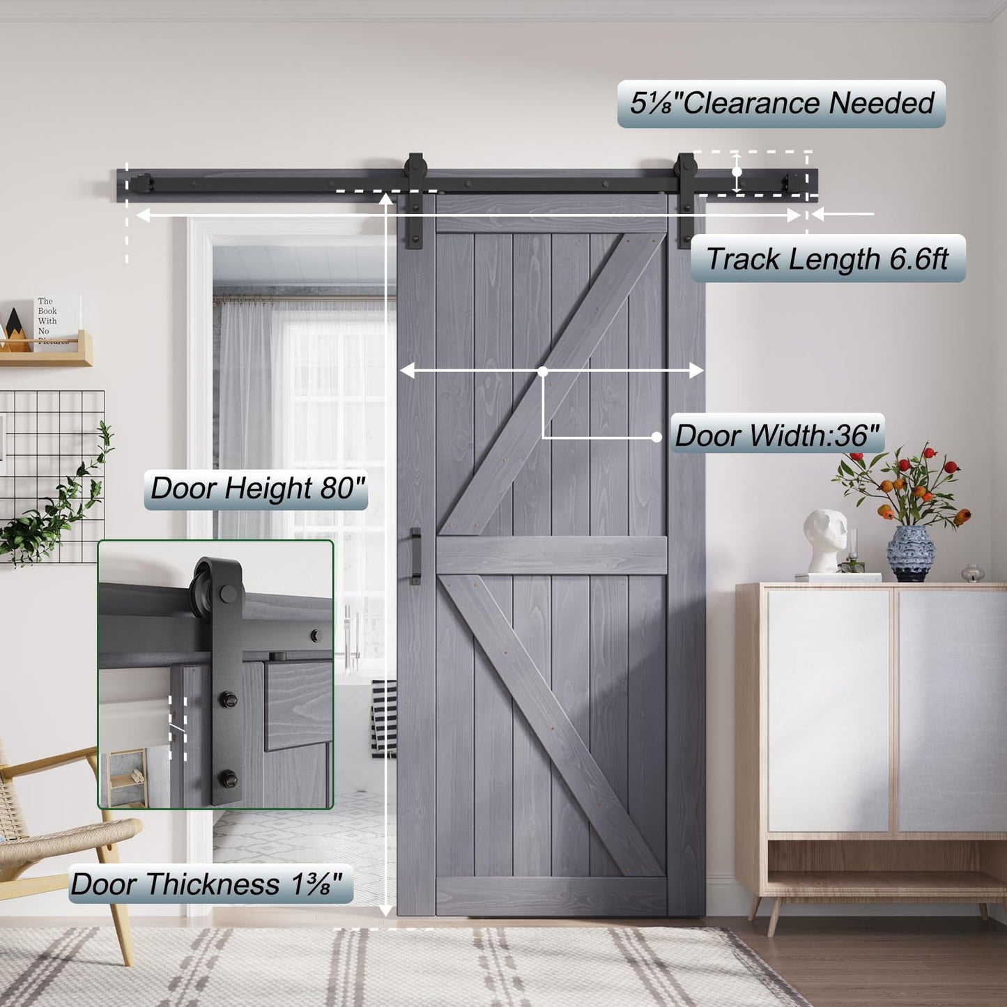 FREDBECK 36in x 80in Gray Wood Barn Door Slab with 6.6ft (79inch) Barn Door Hardware Track Kit Included, Double Surfaces,Simple Assembly is Required,K-Frame,Grey
