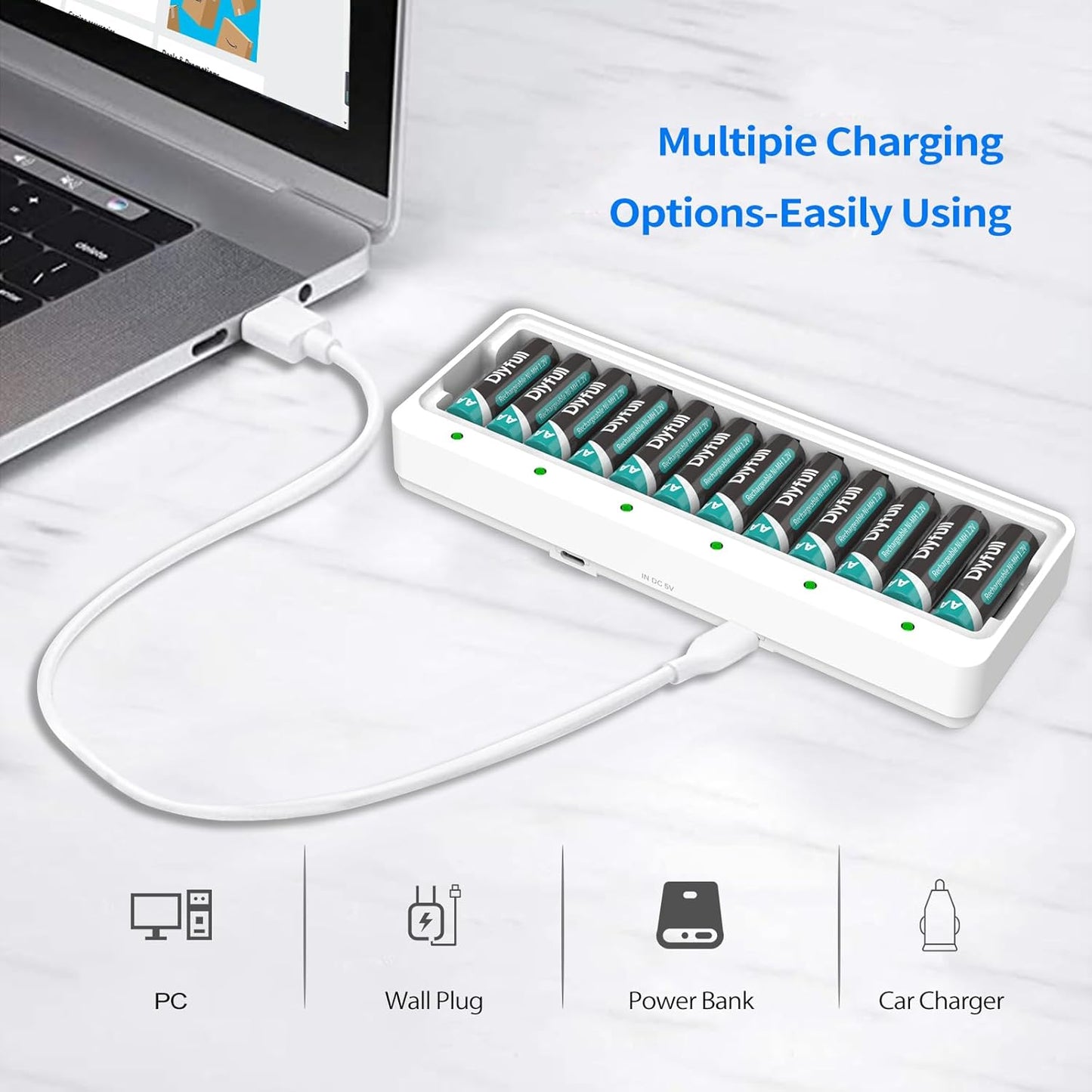 DLYFULL 12 Bay AA AAA Battery Charger, USB and Type-C Selectable High-Speeding Charging for Ni-MH Ni-CD Rechargeable