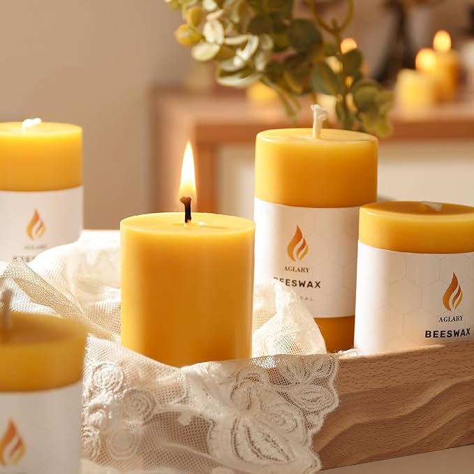 6PCS Beeswax Pillar Candles,Large Handmade Pure Beeswax Candle,Long Lasting Burn Time，Unscented Smokelessï¼? * 3",20H, Raw