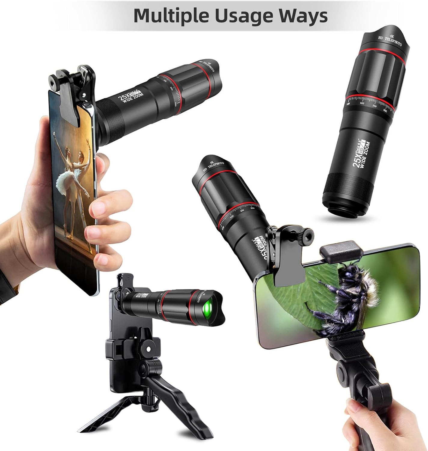 Andoer 25x 25X Macro Telephoto Smartphone Lens Kit with Phone Clip Holder, Telephoto Lens, Black
