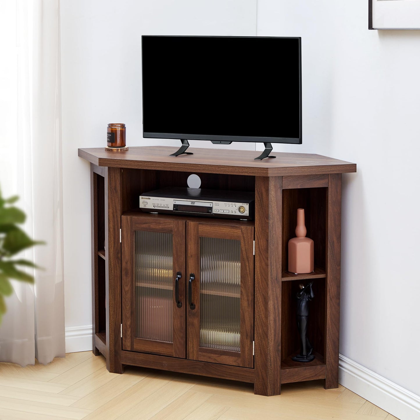 weselon Corner TV Stand for TVs up to 48 Inch, Media Entertainment Center with Storage Shelves and 2 Doors, Console Table Buffet Cabinet for Living Room Bedroom (Walnut)