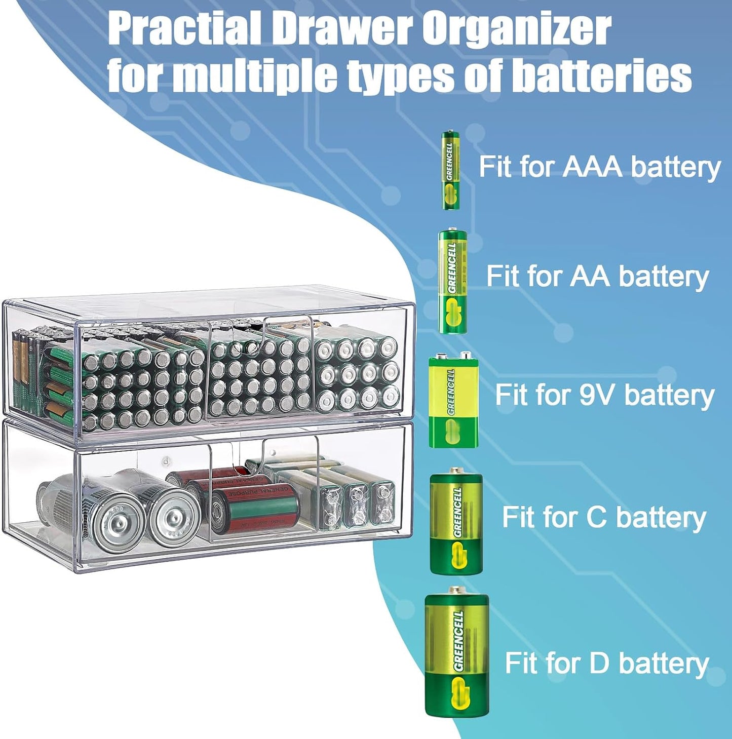 2 Pack 9V, 2-Drawer Common BTSKY Clear Acrylic Battery Storage Organizer for AA, AAA, C, D Batteries, Storage Box