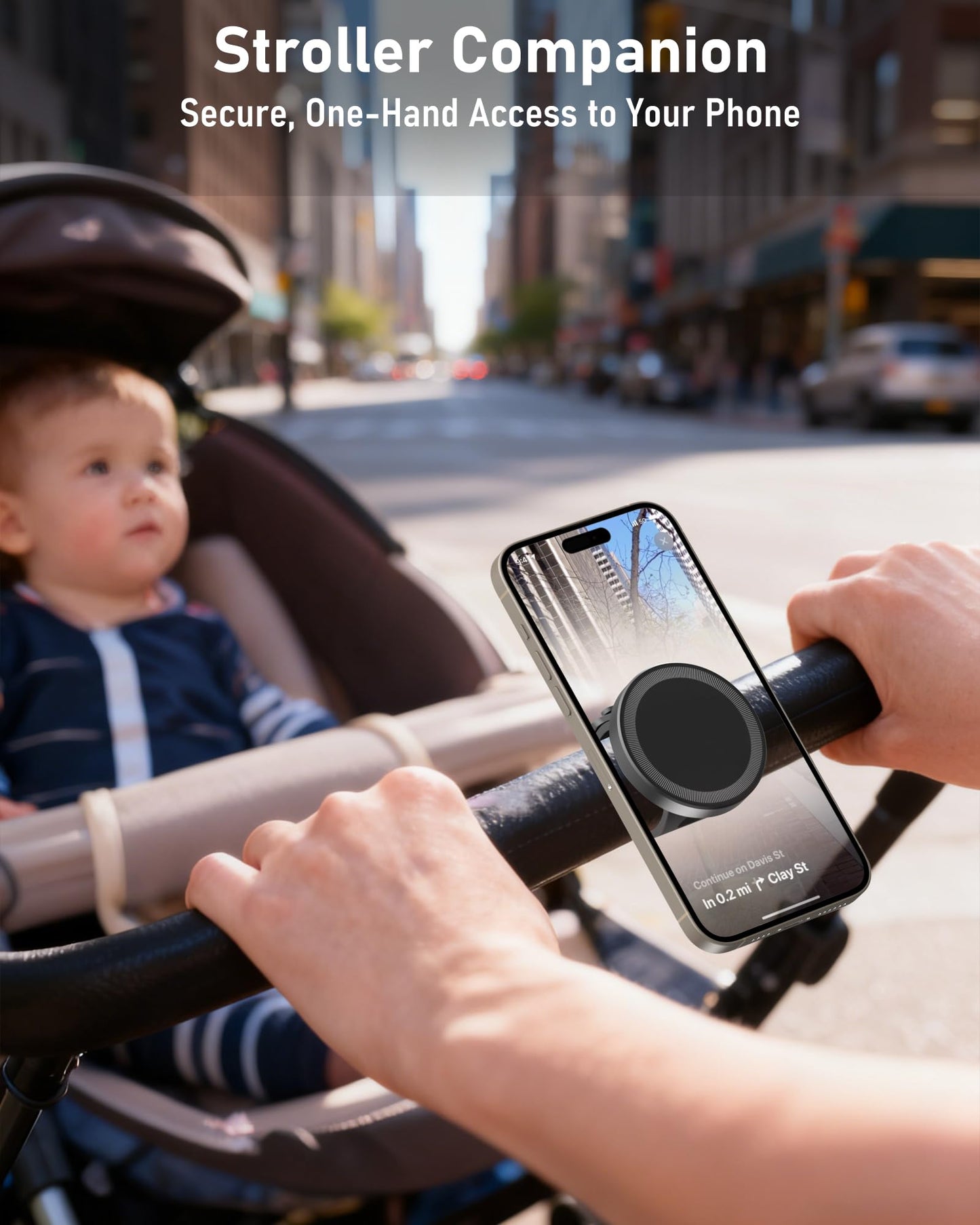NINEFATICS Stroller Phone Holder, Compatible with MagSafe, Magnetic Handlebar Mount, 17x N52 Strong Magnets, Fits Treadmills, Peloton, Shopping & Golf Carts, Adjustable Strap, iPhone 12–17 & Android