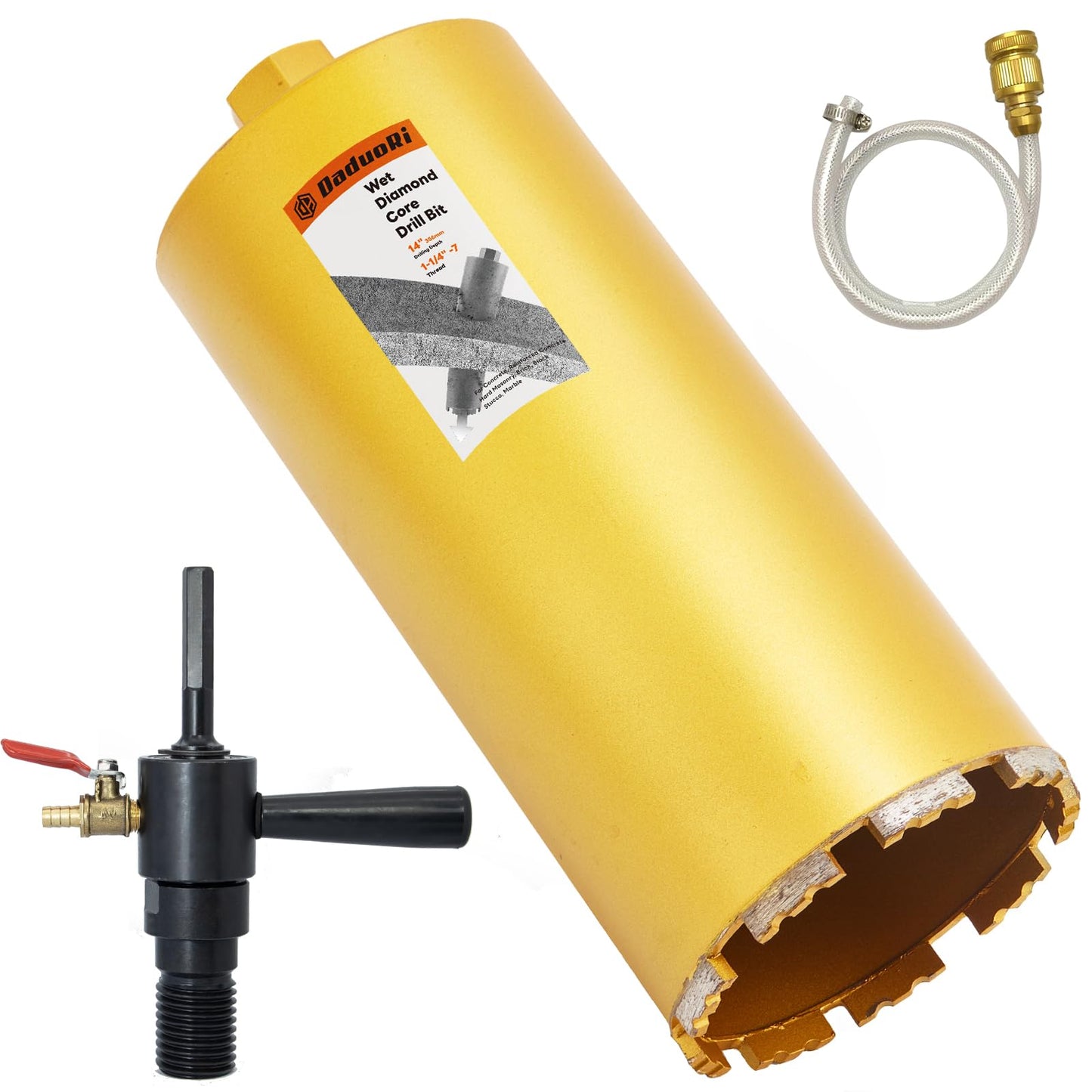 DaduoRi 6" Wet Core Drill Bit with Water Injection Capable Adapter for 1/2" Hex Shank - Includes Solid Brass Quick Connector and Hose - Convenient 1 1/4"-7 Thread Core Bit with Water Feed Design