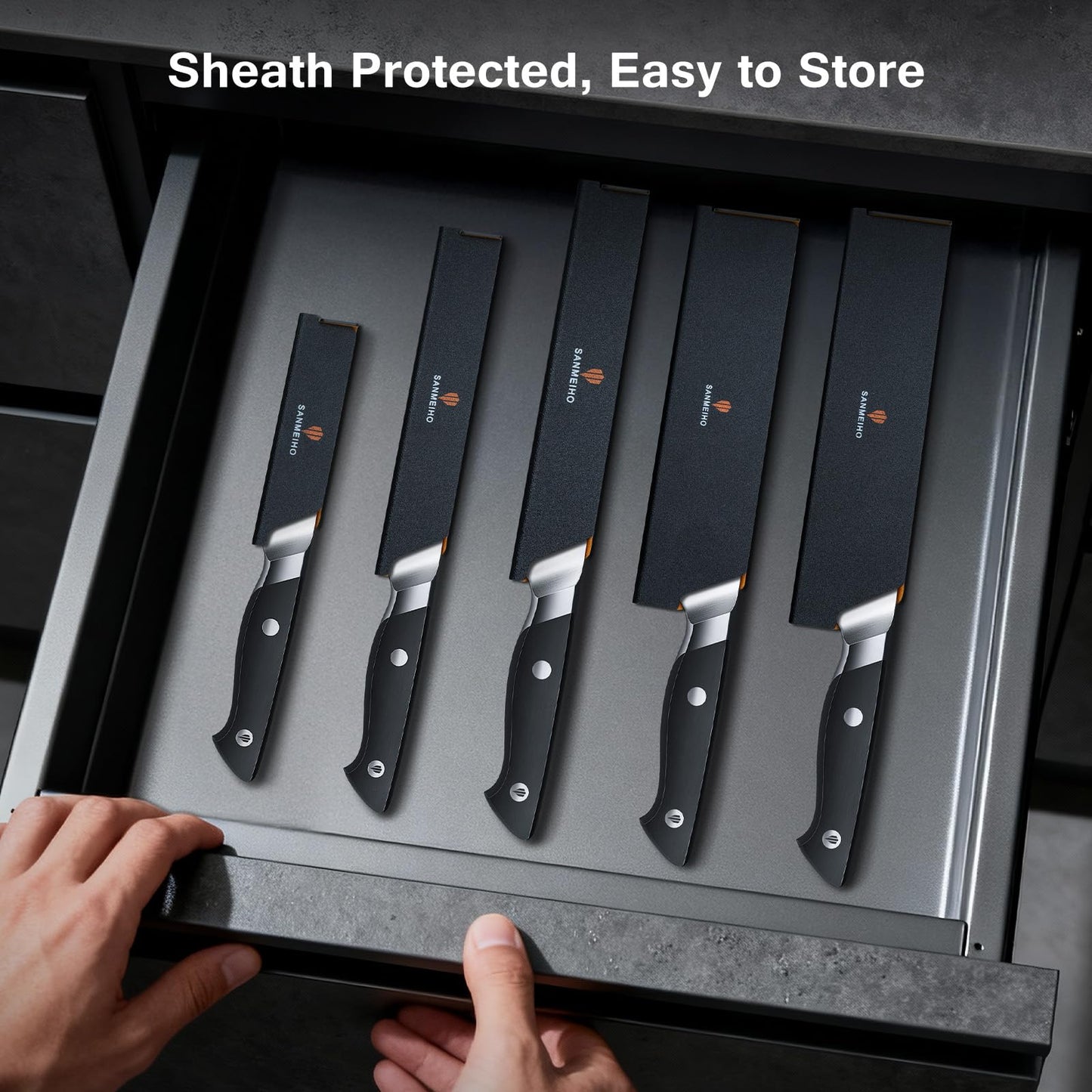SANMEIHO 10 PCS Knife Set with Knife Sheath, Japanese Kitchen Knife Set with 5 Layers High Carbon 9Cr18Mov Stainless Steel, Sharp Professional Chef Cooking Knife with Ergonomic Handle, Dishwasher Safe