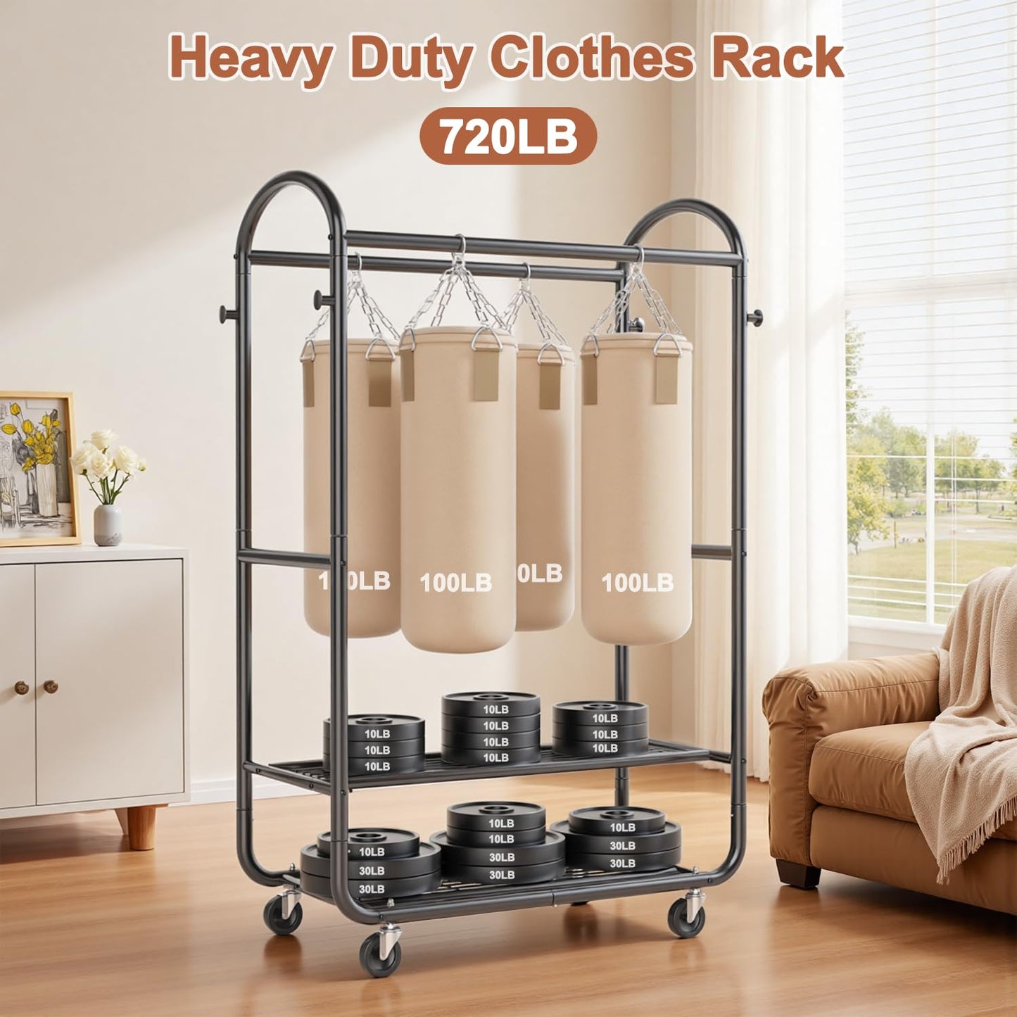 EAGMAK Heavy Duty Clothing Racks for Hanging Clothes 720 Lbs, Rolling Clothes Rack Double Rod Garment Rack with Lockable Wheels, Metal Closet Organizer for Bedroom, Laundry, Retail, Black