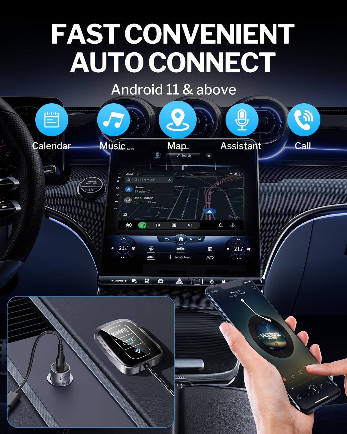 Zrolenca 11+ 2017, Wireless Android Auto Adapter for Factory Wired Android Auto Car, Converts Wired to Wireless