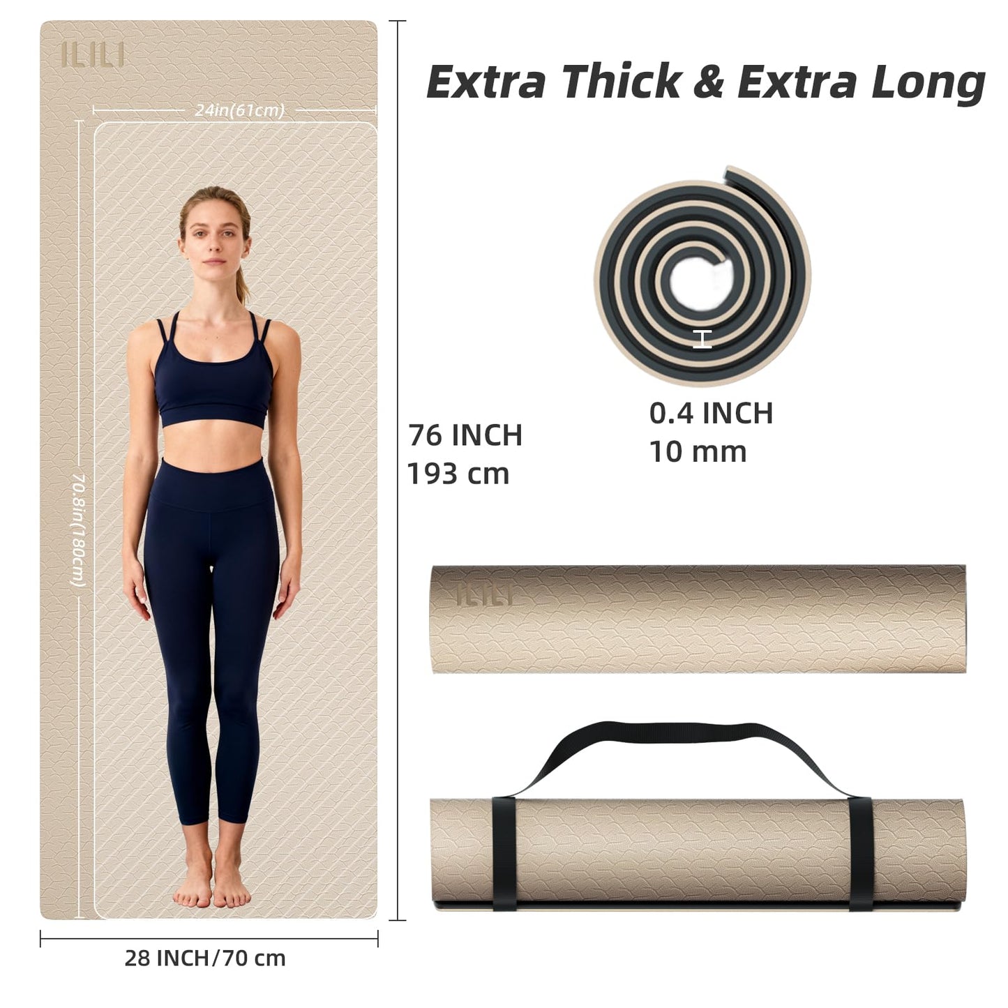 ILILI Yoga Mat 10mm Extra Thick and Extra Long, 76x28×0.4 Inch, Double Color Non-Slip TPE Material, Easy Carrying with Strap, Ideal for Yoga, Pilates, Floor Exercise, Home and Outdoor Use, Eco Friendly (Beige+Black)