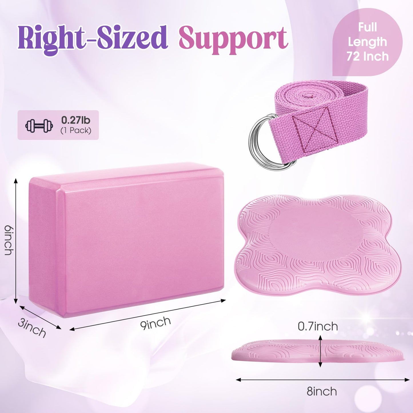 RoundFunny 5 Pcs Yoga Blocks Knee Pads Yoga Strap Set Soft Premium Foam Blocks Accessories for Pilates Meditation General Fitness Stability, Kneeling, Balance, Deepen Stretches and Toning (Pink)