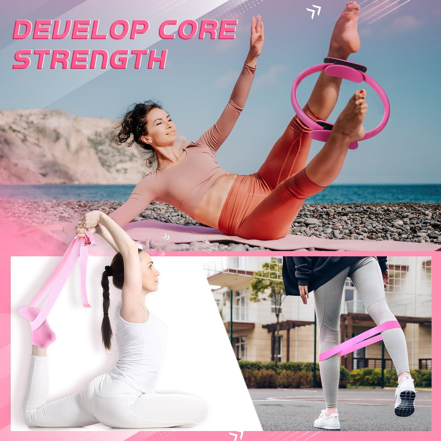 Poen 18 Pcs Home Pilates Ball and Ring Circle Set Yoga Fitness Essentials Kit with 5 Resistance Band Stretching Strap Non Slip Sock Ball Core Slider Wristband Headband Gym Bag for Women(Pink)