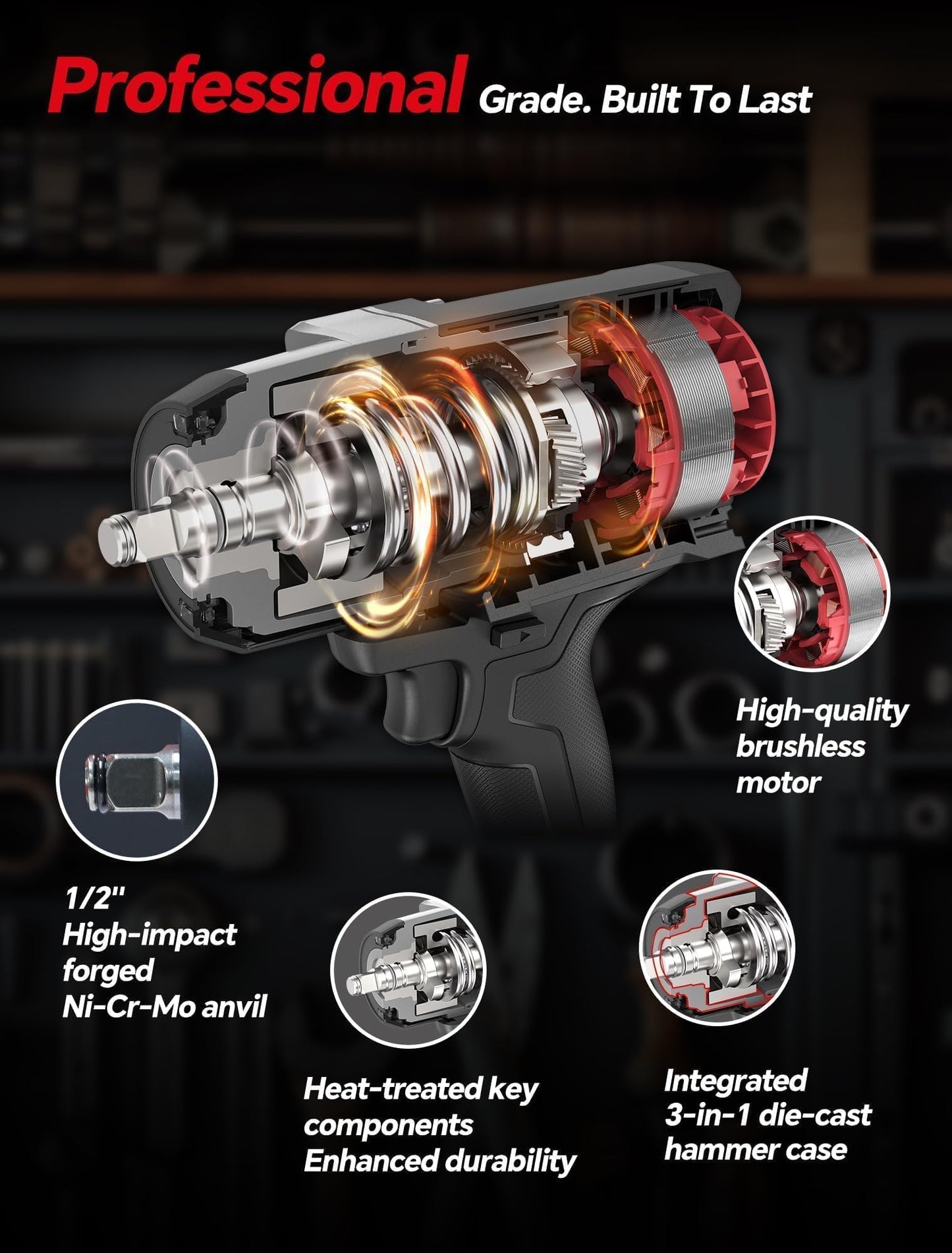 ROTAKE 20V Professional Middle Torque 1/2" Impact Wrench Kit, 880 FT-LBS Nut-Busting Torque, Cordless Impact Gun with Hog Ring, 3-in-1 Unibody Hammer Case, 5.0Ah Battery & 4A Fast Charger, TB2