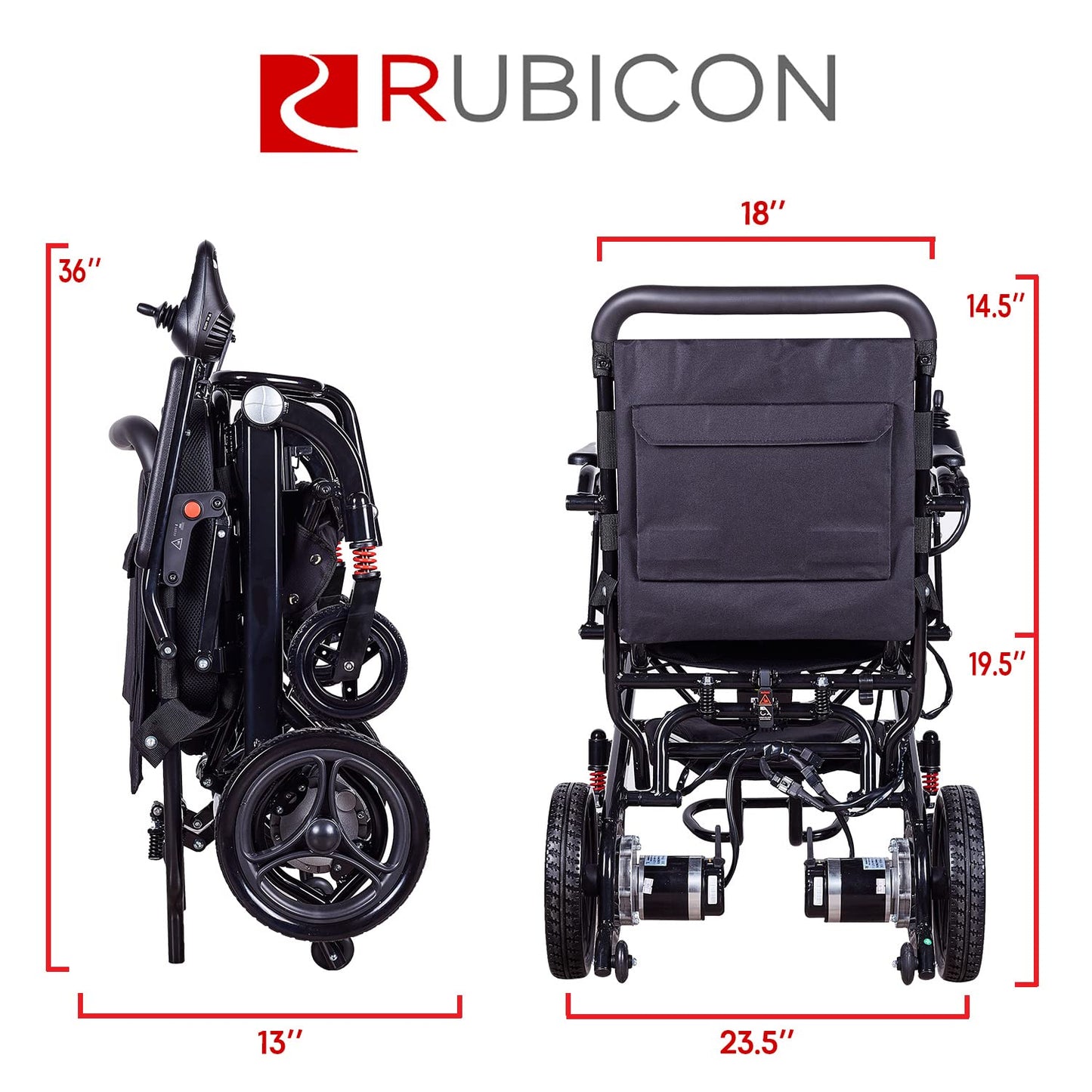 Rubicon DX07 All Terrain Foldable Electric Wheelchairs for Adults - Powerful 500W Motor - 12 mi Cruise Range - Detachable Airline Friendly Battery Supports up to 265 lbs (Black)