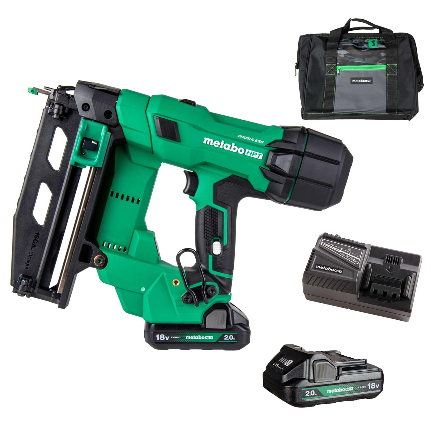 Metabo HPT 18V MultiVolt Brushless Pro 16-GA Straight Finish Nailer Kit, 16 Gauge Finish Nailer, Power Tool with 2.0Ah Lithium Ion Battery, 1" to 2-1/2" Nails, Powerful Brushless Motor, NT1865DSA