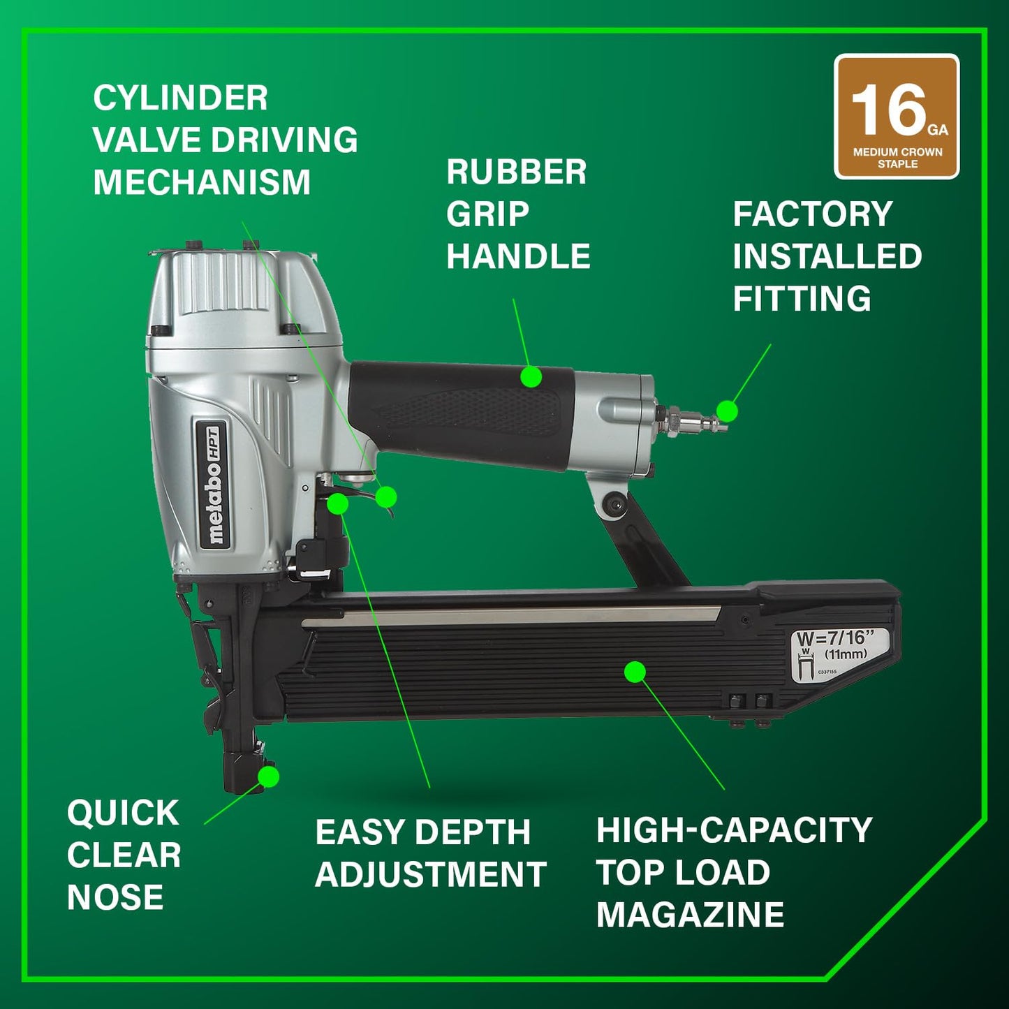 Metabo HPT 7/16" Standard Crown Stapler, Pro-Preferred Pneumatic Power Nailers, Construction Tool for Roof Decking & Subfloor Install, 16 Gauge Power Stapler, 1" to 2" Crown Staples, N5008AC2