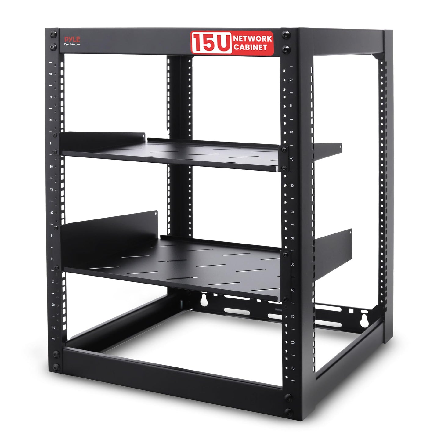 Pyle 15U Network Cabinet - Open Wall Mount Server Rack w/Heavy-Duty Wheels, Wall-Mountable, Steel Construction, Vented Shelves, Easy Access, 19" Equipment Compatible, 20 x 20 x 26 in (Black)