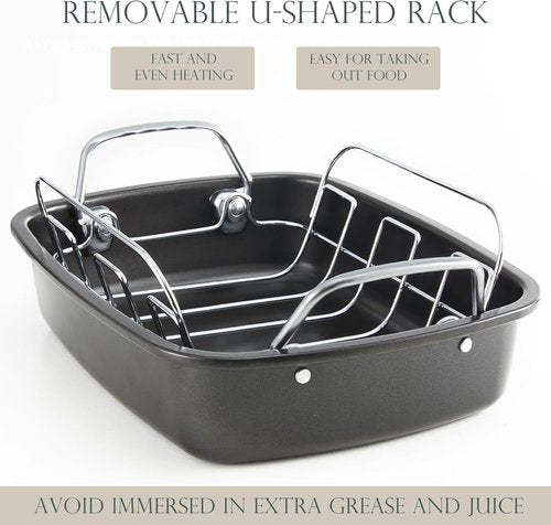 KITESSENSU Nonstick Turkey Roasting Pan - Heavy Duty 17 x 14 Inch Chicken Roaster with Rack - Gold Finish