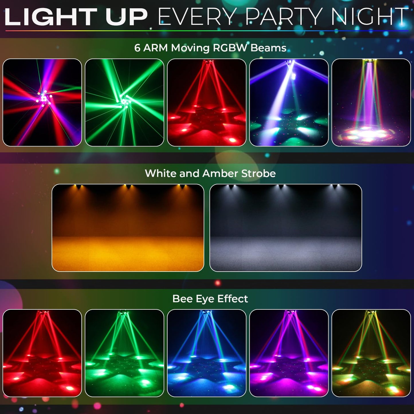 Flashback Events 150W Moving Head DJ Light – 6-Arm Spider Beam & Bee-Eye Wash Hybrid + Red/Green Laser & Amber Strobe – DMX512 & Remote Control for Wedding Stage Party Lighting
