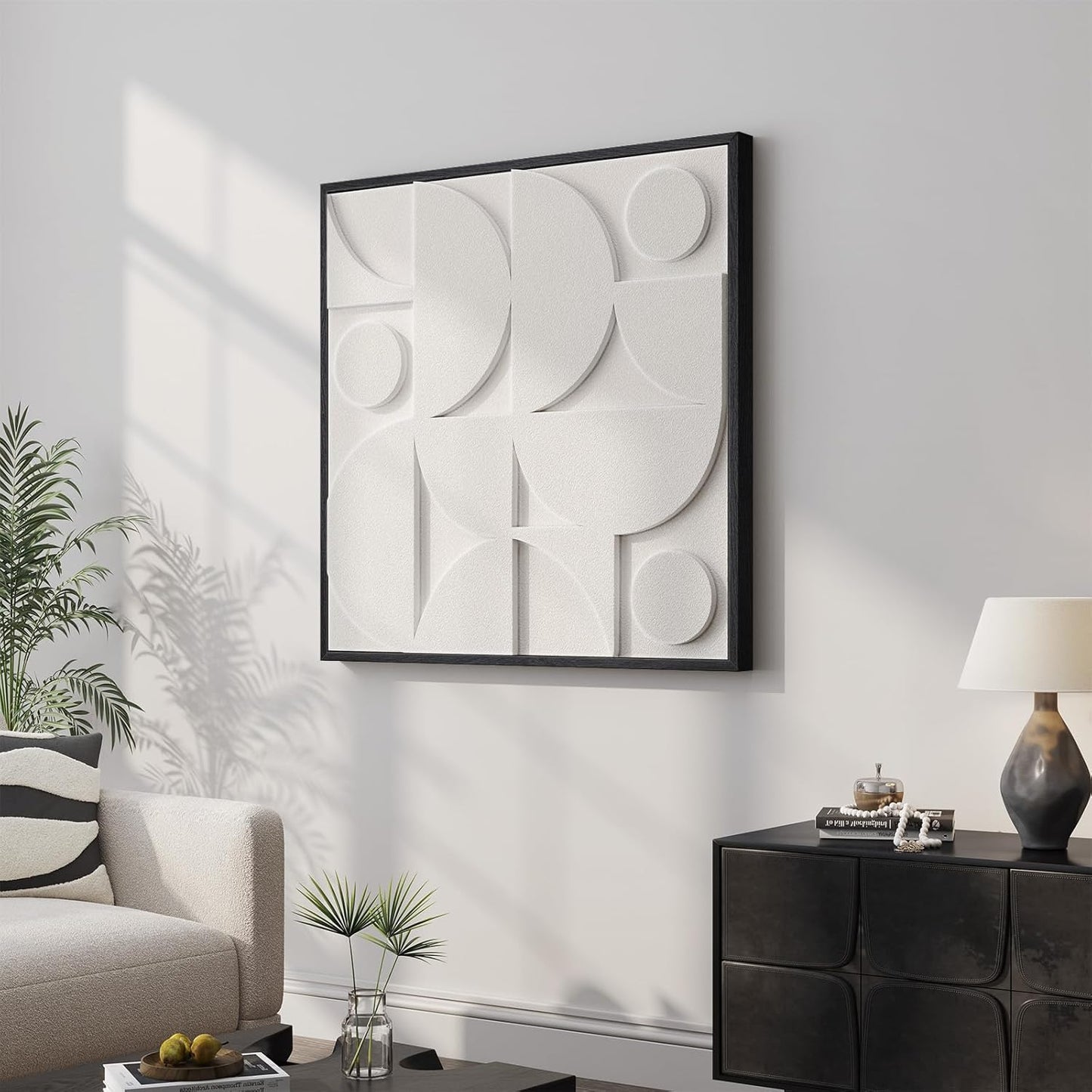 Regine Switzerland Large 3D Textured Framed White Abstract Wall Art - Modern Geometric Design 30x30 In