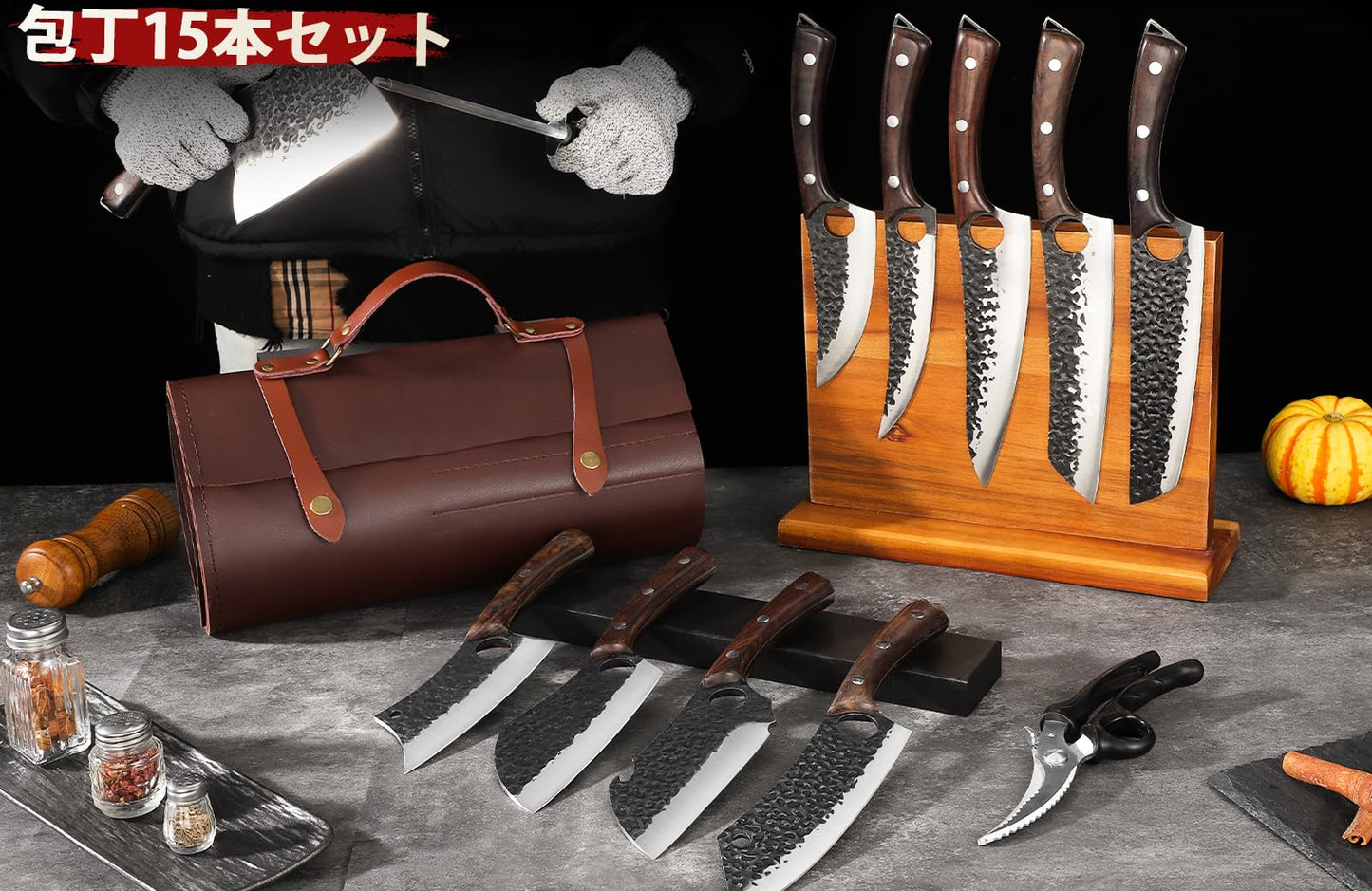 DRGSKL Serbian Chef Knife Set - 10 PCS Hand Forged Butcher Knife Set with Bag - High Carbon Steel Kitchen Knives - Meat Cleaver Viking Boning Knives for Brisket Trimming - Gifts for Mom