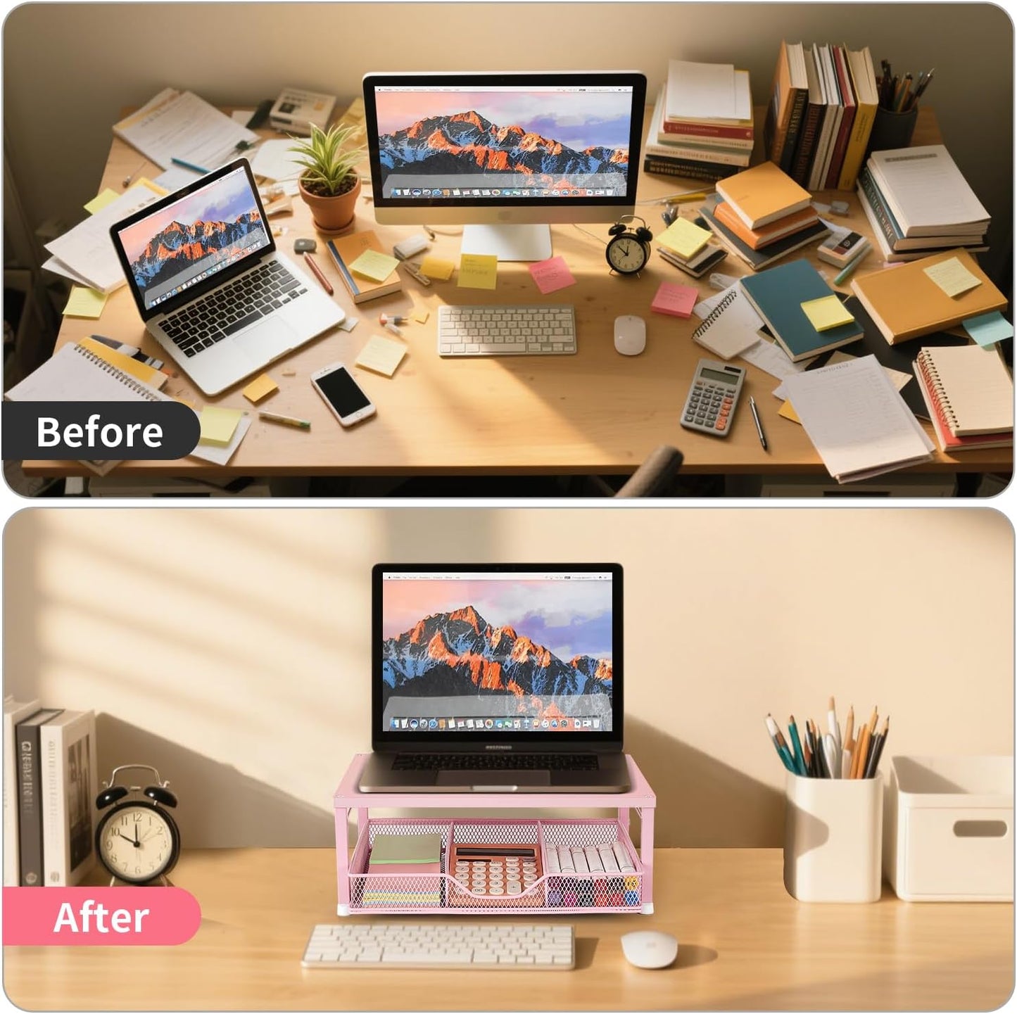 Small Pink Laptop Stand for Desk, Monitor Stand, Office Desk Accessories, Computer Desktop Stand with Drawer for Home