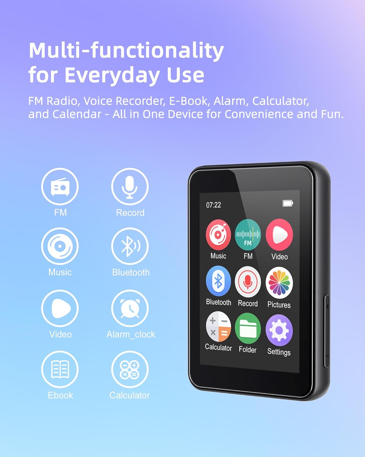 Luoran 64GB MP3 2.4" 256GB, Player for Kids, Portable Music Player with Speaker, FM Radio, Voice Recorder, E-Book, Full