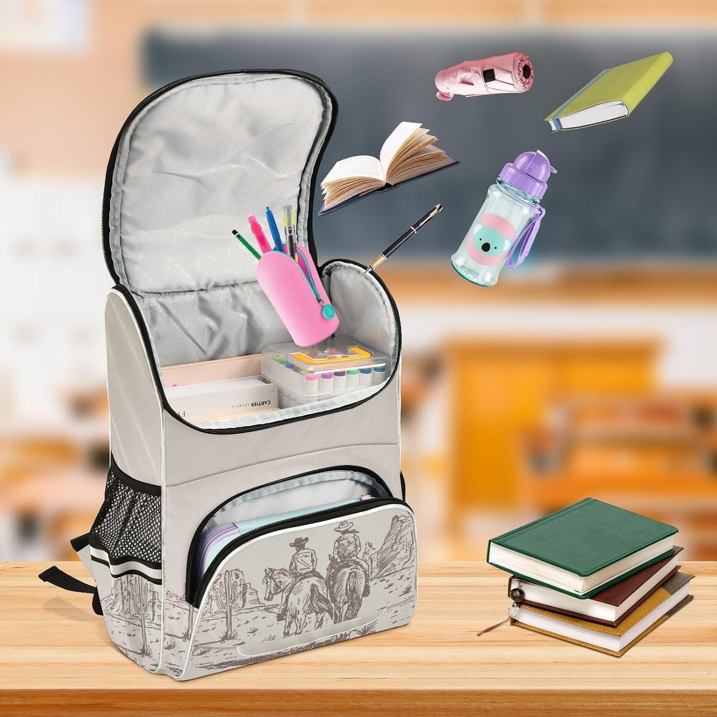 Backpack Western Desert Cowboy with Reflective Strip for Kids Boys Girls Elementary School Bag Removable Chest Strap
