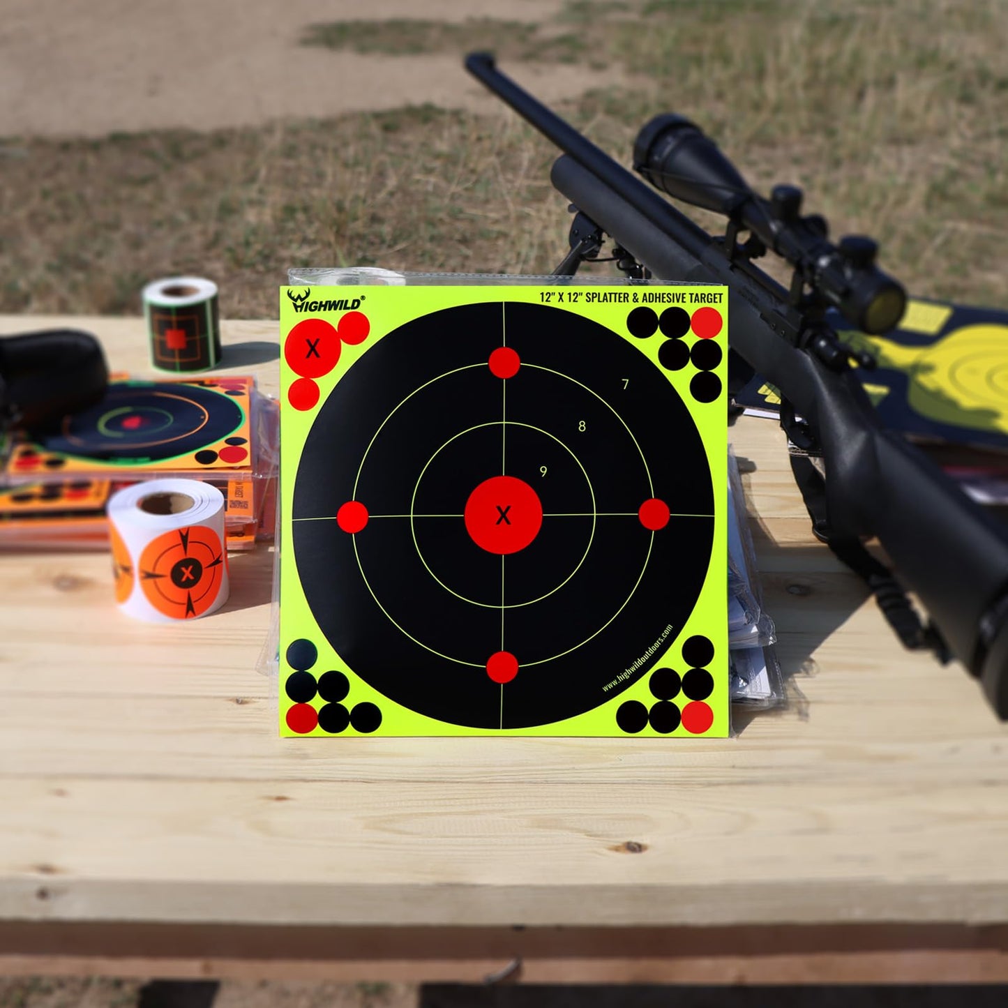 Highwild 12X12 Inch Splatter Adhesive Bullseye Fluorescent Yellow Shooting Target Stickers - Suitable for Handguns, Rifles, BB Guns, Airsoft, Pellet Guns - 10 Pack
